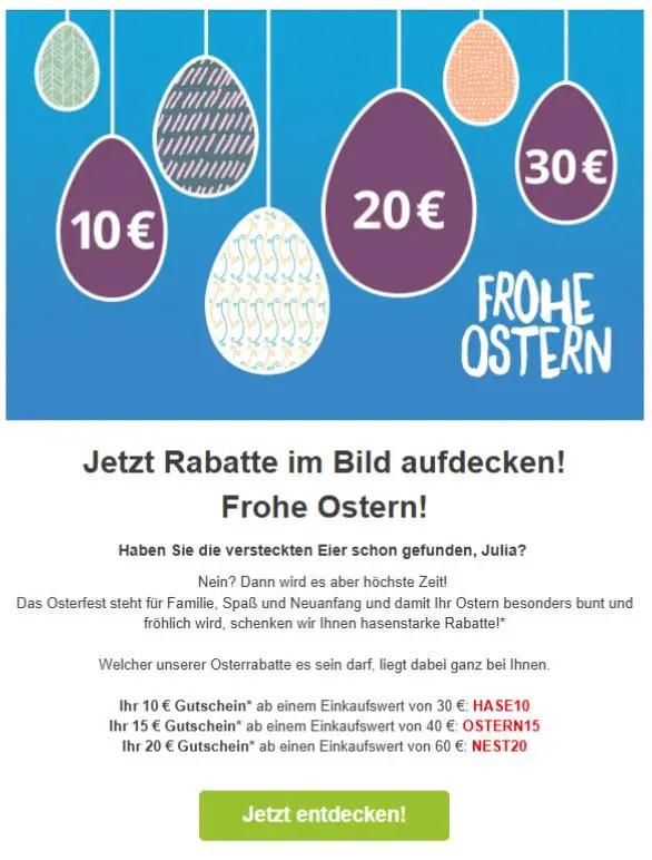 Oster-Newsletter mit bunten Eiern und Rabatten von 10€, 20€, 30€. Text: "Frohe Ostern! Jetzt Rabatte im Bild aufdecken!