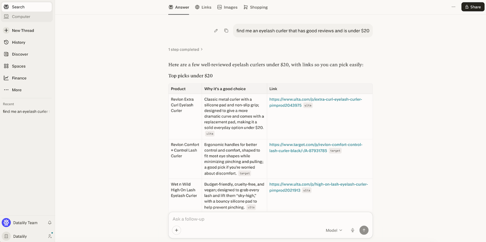 Screenshot of the Perplexity search engine that shows a table of product recommendations for an eyelash curler with good reviews under $20, based on a one-line conversational prompt. The table is white on a gray-ish green background with simple black text and blue links that lead the user to websites where they can buy the recommended eyelash curlers.