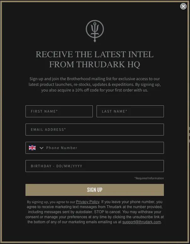 ThruDark popup that asks web visitors if they want to subscribe for the latest intel and asks for both email and SMS.