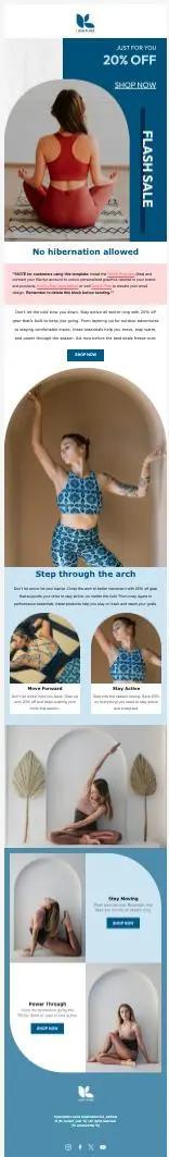 Werbung für eine Flash-Sale-Aktion mit 20 % Rabatt. Enthält Bilder von Frauen in Sportbekleidung und Yoga-Posen, sowie Produktinformationen.