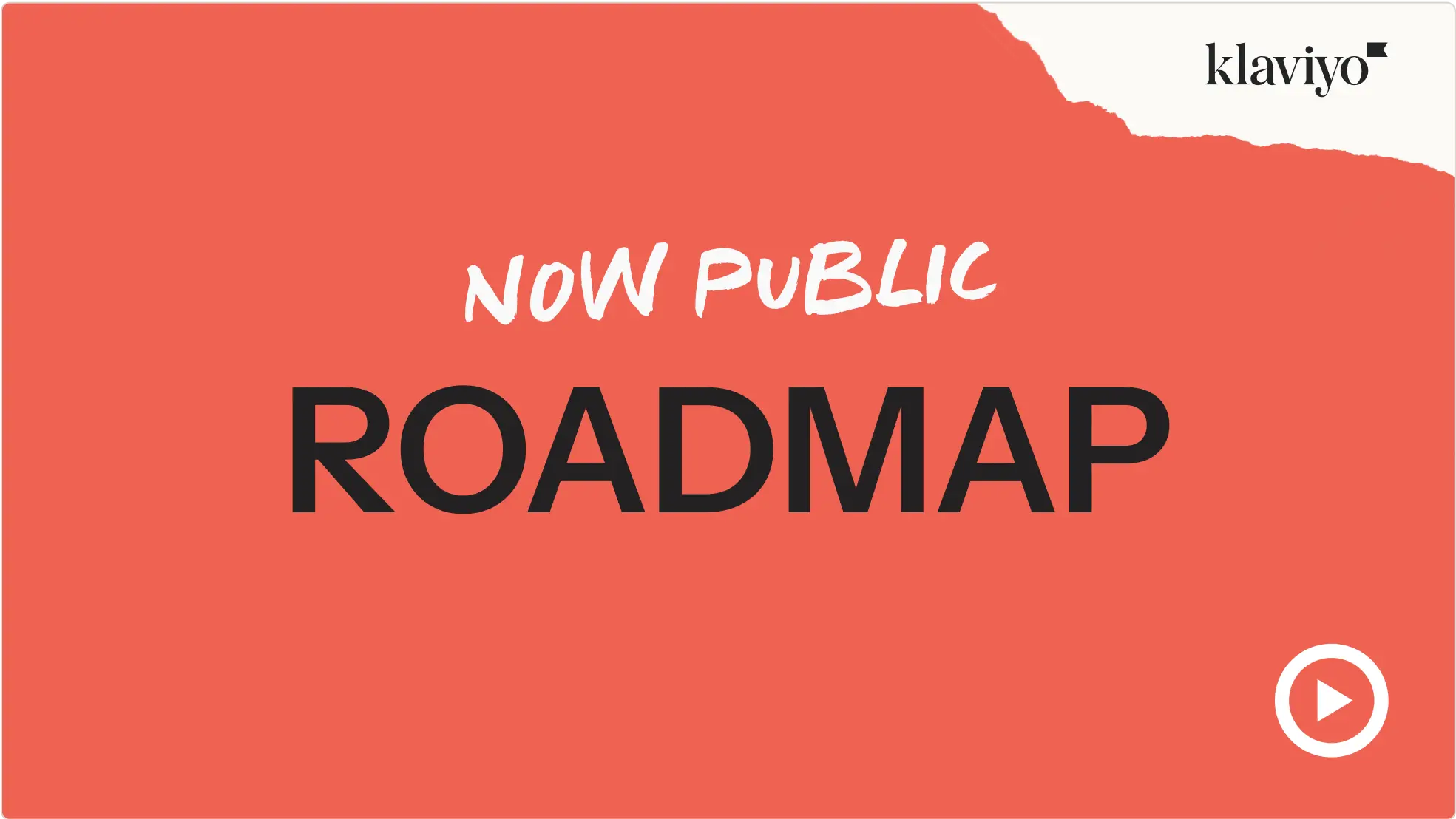 Now Public Roadmap" text on red background with Klaviyo logo and play button icon.