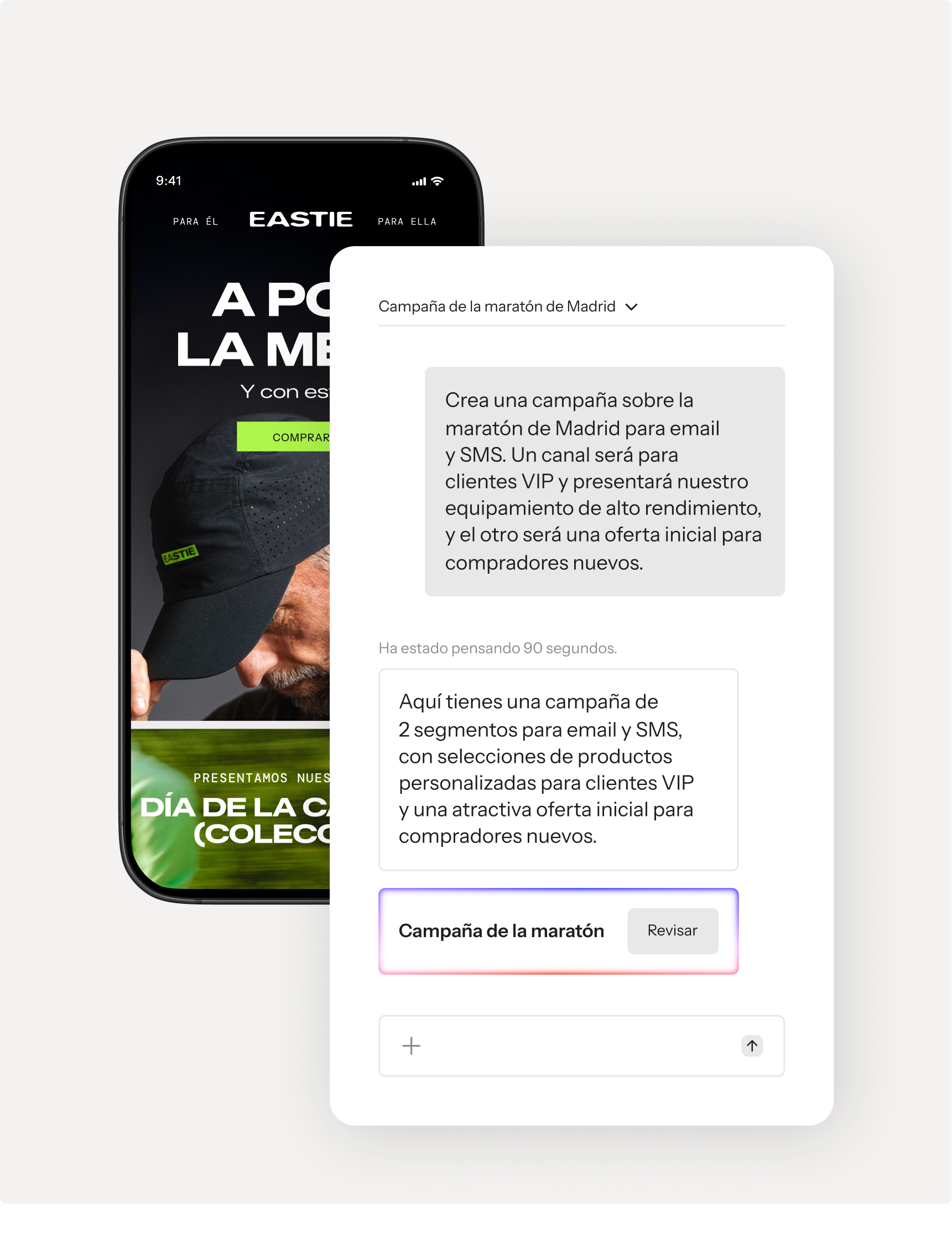 A smartphone displaying a brand app, with an overlapping screen showing a campaign builder for the Madrid Marathon.