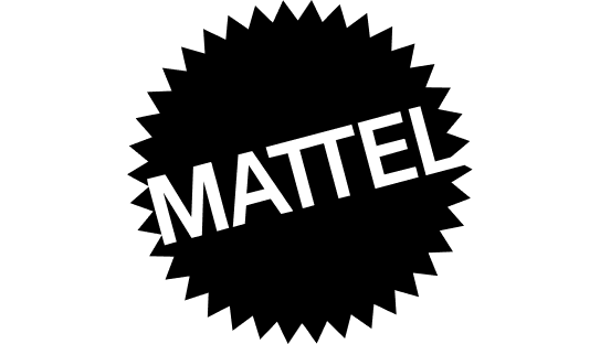 Mattel logo in charcoal color with a jagged circular design.