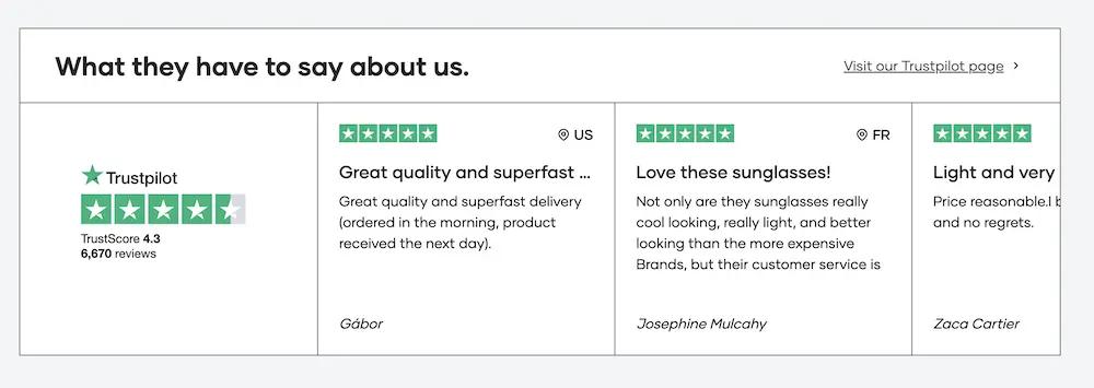Image shows a screenshot of the Nooz Optics website, which shows recent 5-star reviews from real customers in order to help build trust in the brand.