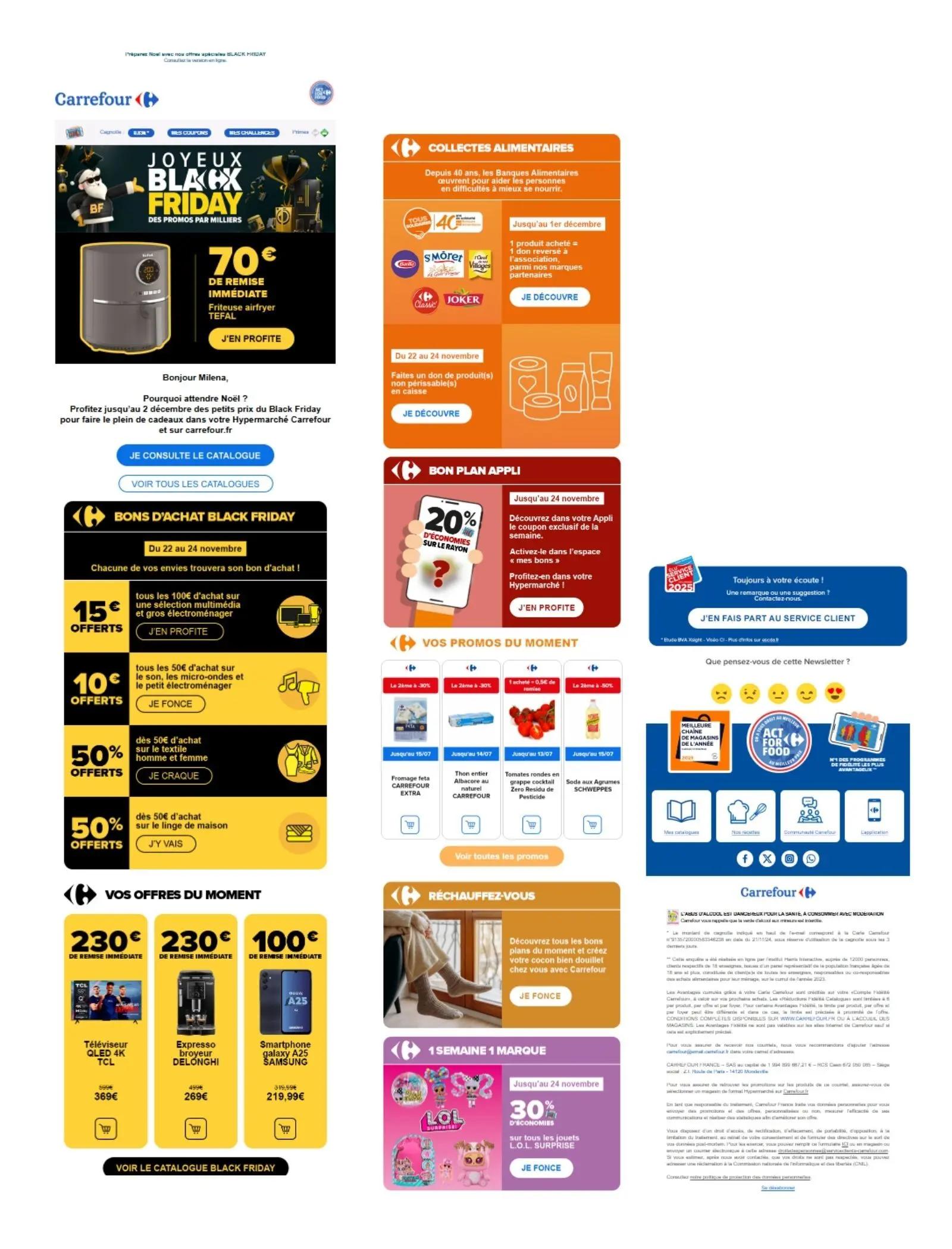 Newsletter Carrefour Black Friday avec promotions sur électroménager, bons d'achat, offres alimentaires, et produits divers.