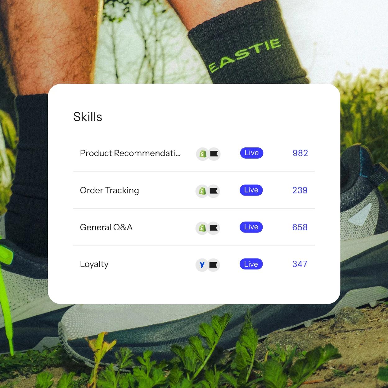 Skills dashboard listing live product recommendations, order tracking, general Q&A, and loyalty over a runner backdrop.