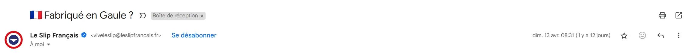 Capture d’écran d’un e-mail marketing de la marque Le Slip Français avec l’objet “🇫🇷 Fabriqué en Gaule ?”
