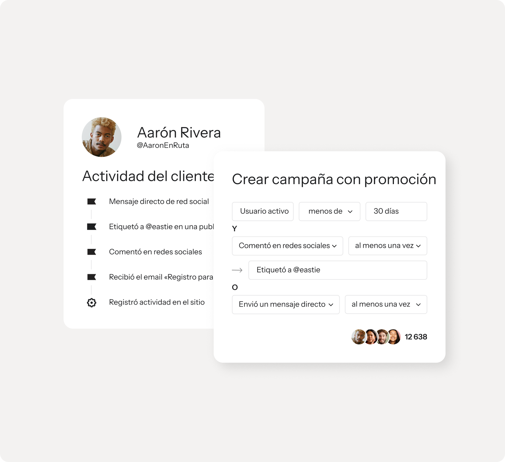 Customer activity profile card next to a campaign creation interface showing audience segmentation criteria and 12,638 matching users.