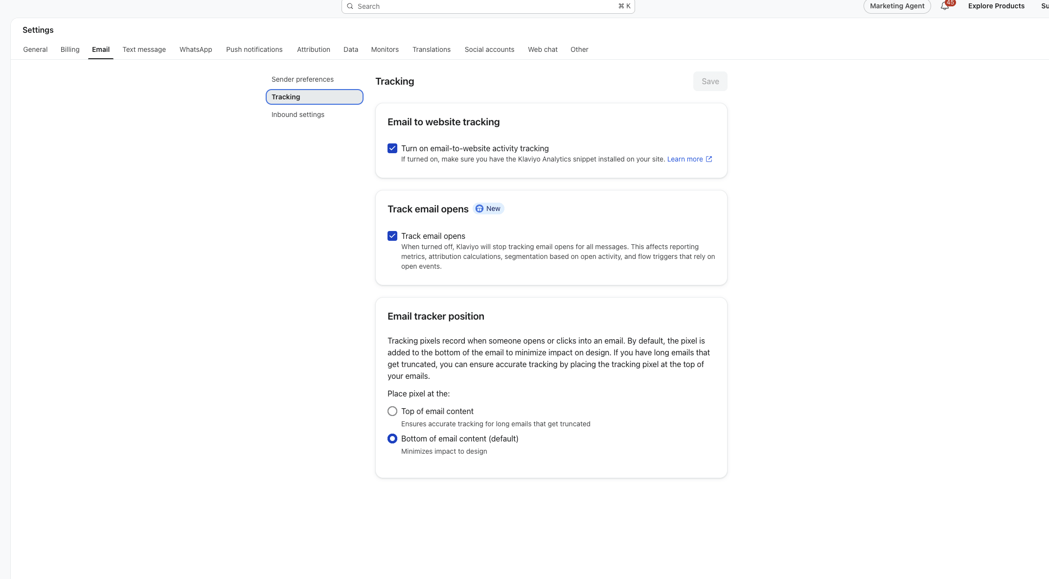 A screenshot of a web application's email tracking settings, displaying options for email to website tracking, email open tracking, and email tracker position.