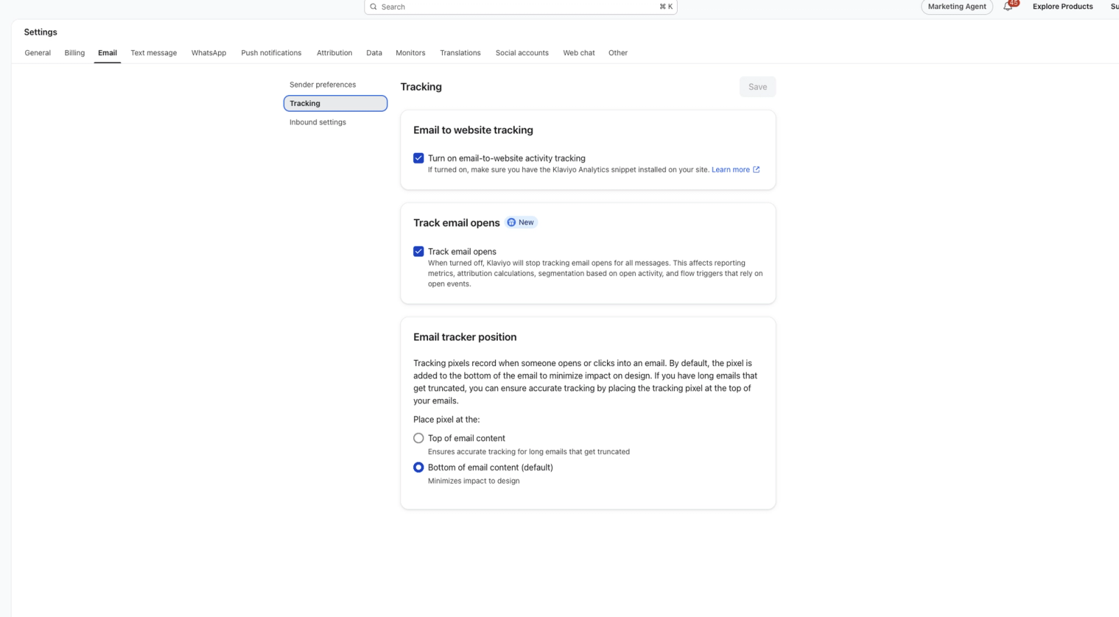 A screenshot of a web application's email tracking settings, displaying options for email to website tracking, email open tracking, and email tracker position.