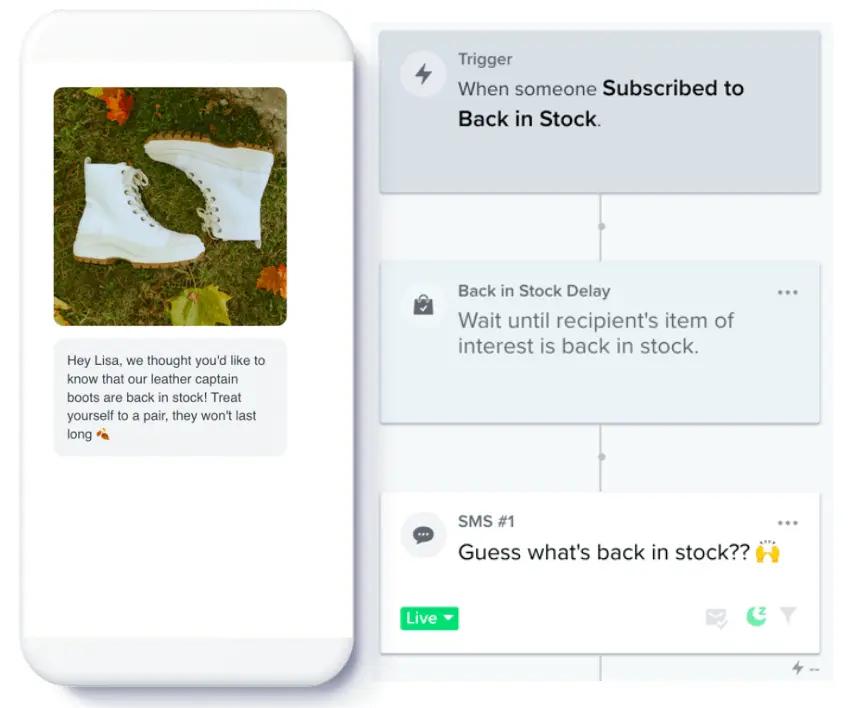  Image shows an example of a back-in-stock alert via SMS.