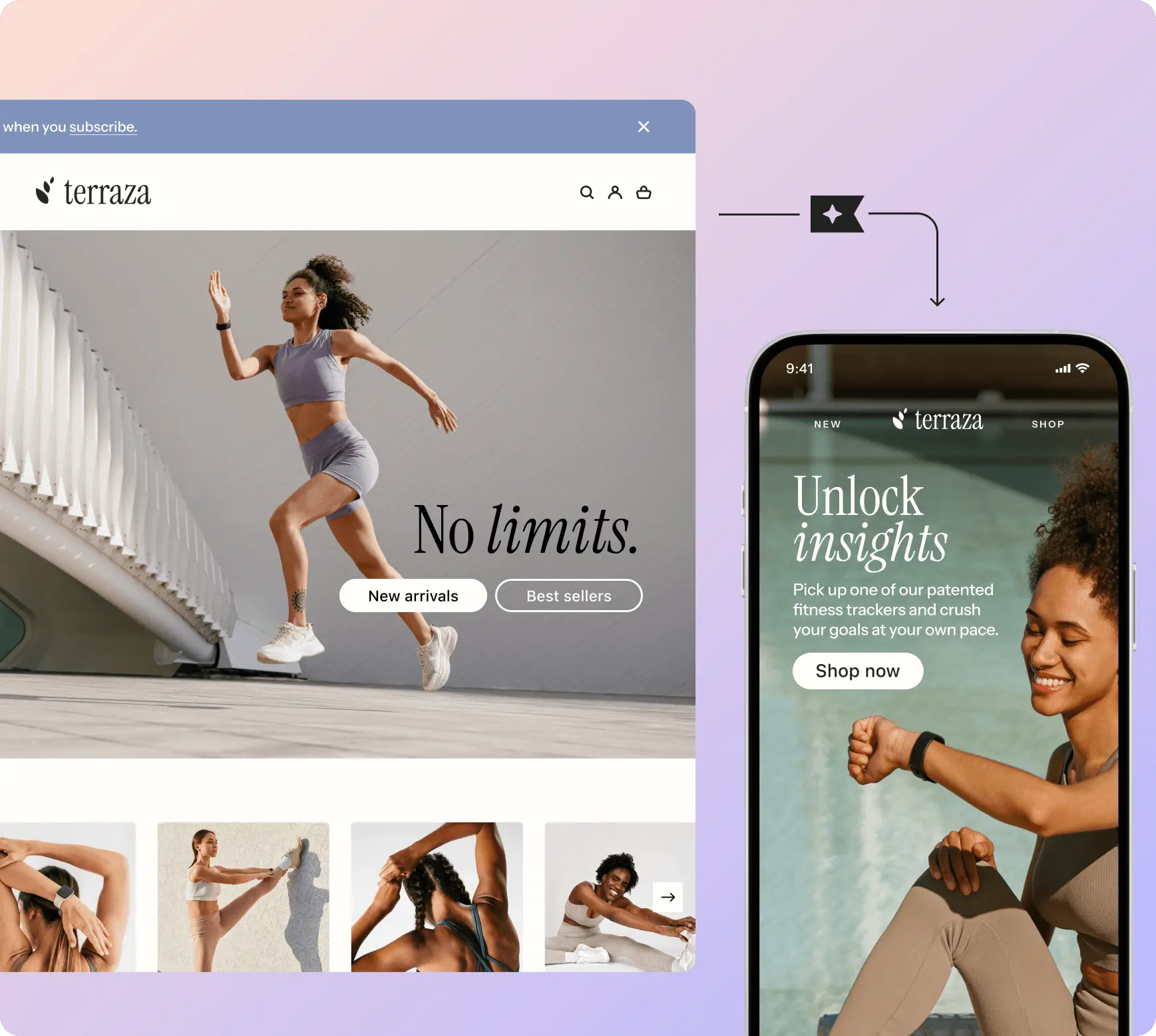 Webpage and mobile app for "terraza" featuring fitness images and text: "No limits" and "Unlock insights.