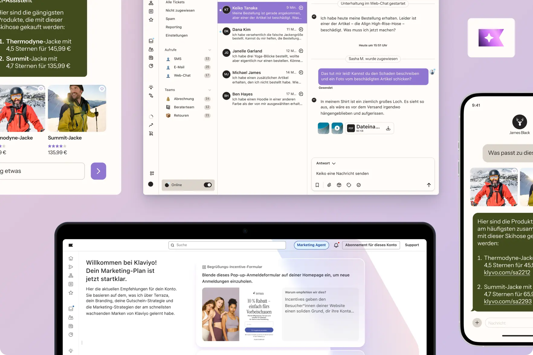 Eine digitale Benutzeroberfläche, die einen Kundenservice-Chat, ein Marketing-Dashboard und Produktempfehlungen für Skijacken zeigt
