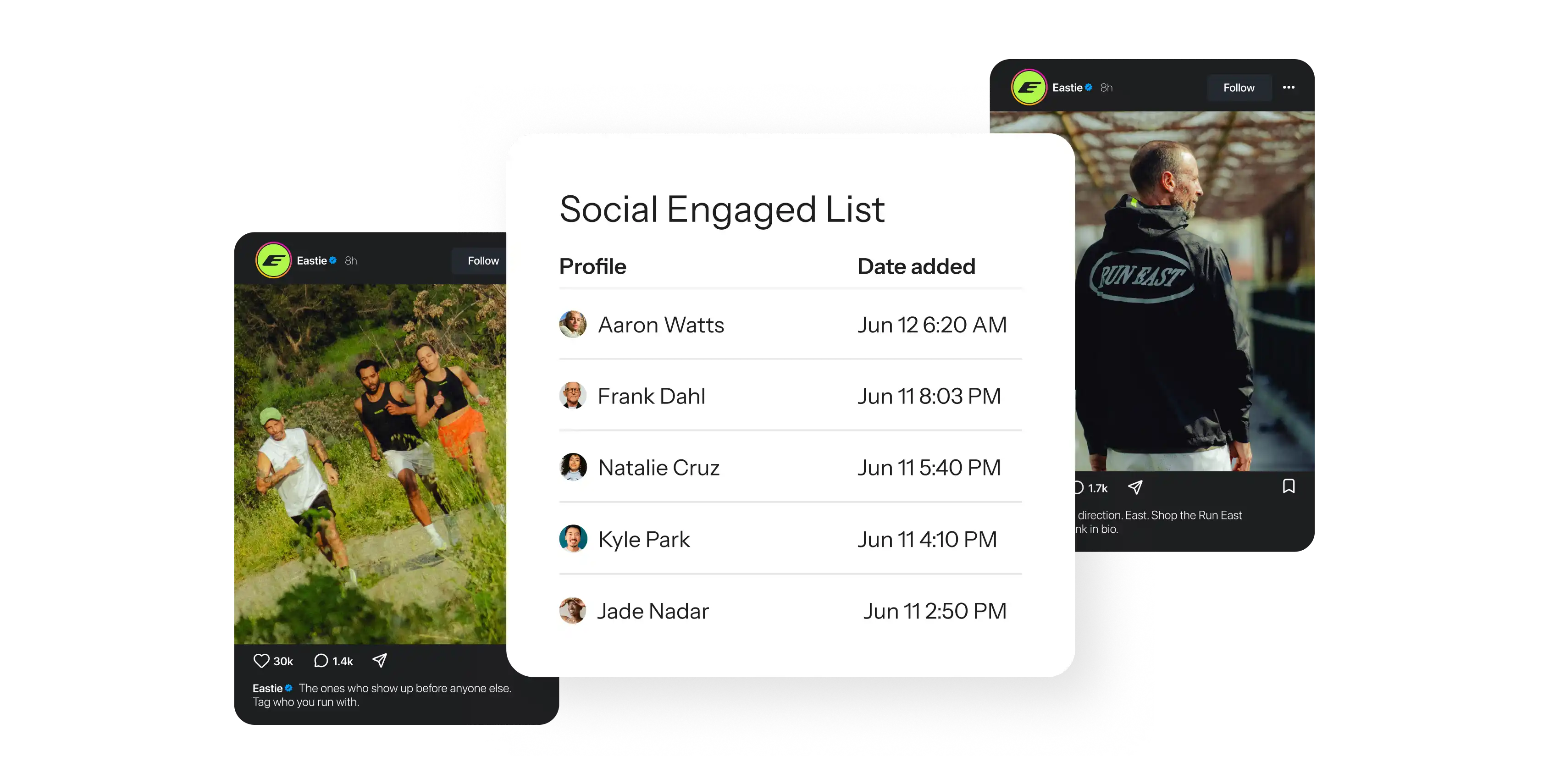 Social Engaged List dashboard overlaid on social posts featuring runners and Run East apparel.