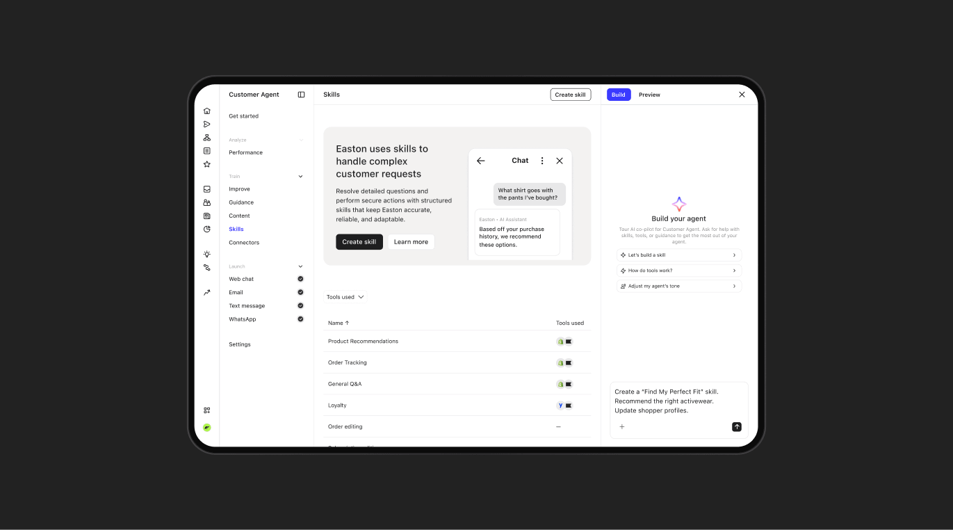 A tablet UI for configuring customer service agent skills, showing a chat preview and skill management options.