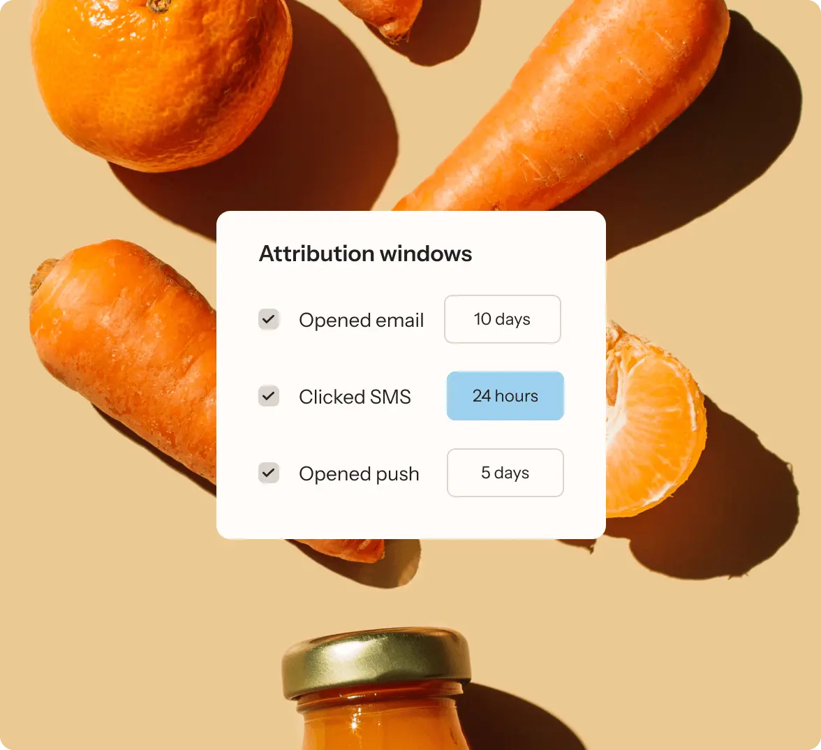 Attribution windows chart overlaid on an arrangement of oranges and carrots.