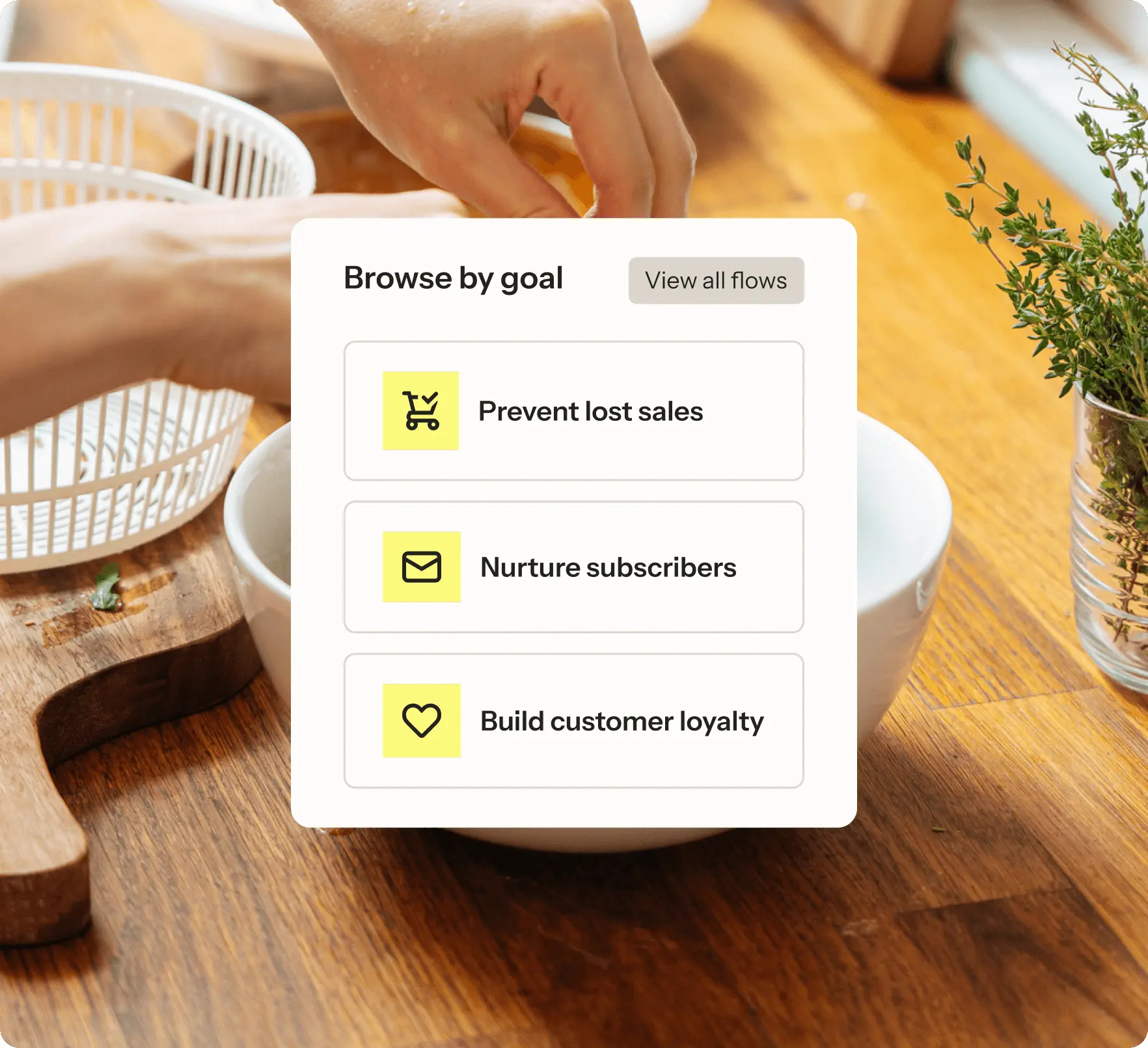 Klaviyo displays options that allow a user to browse flows based on goal. The goals shown include: prevent lost sales, nurture subscribers, and build customer loyalty.
