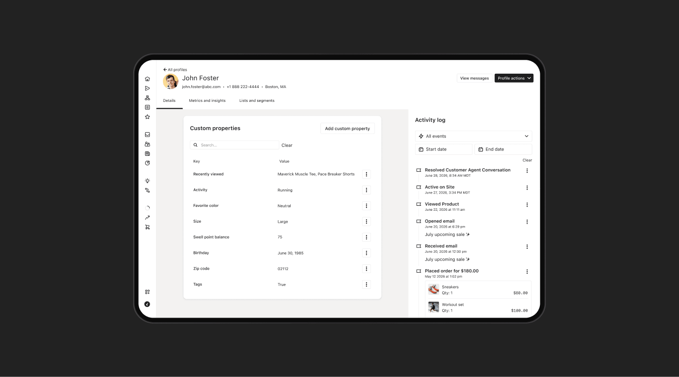 A tablet screen displays a customer profile interface with custom properties and an activity log.