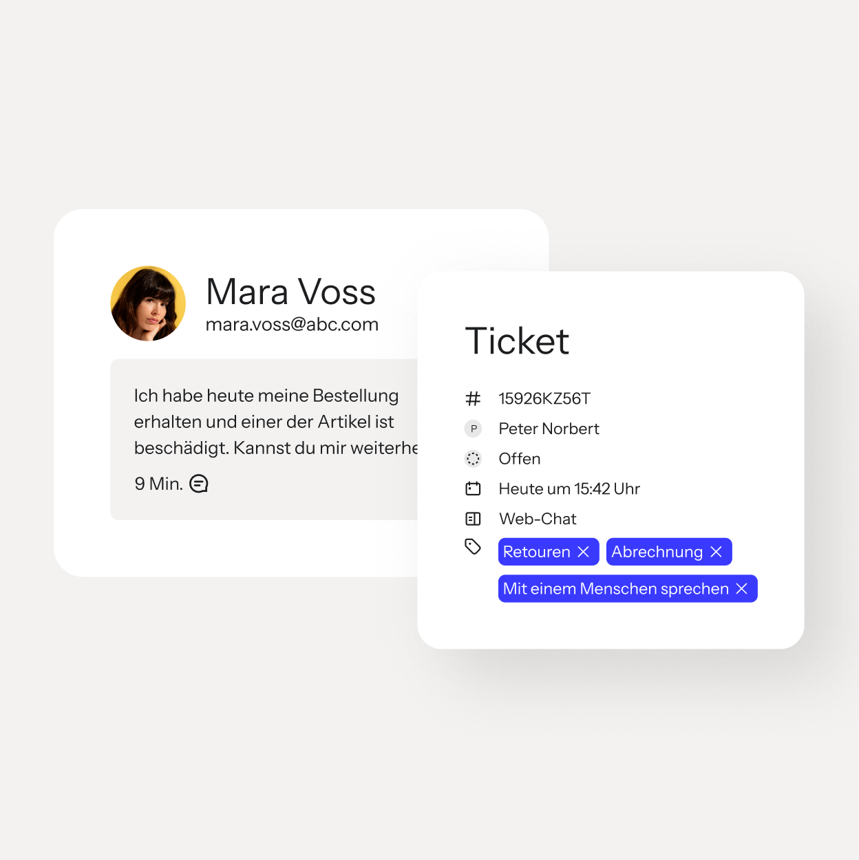 Customer message about a damaged order beside an open support ticket tagged Returns, Billing, and Speak to human.