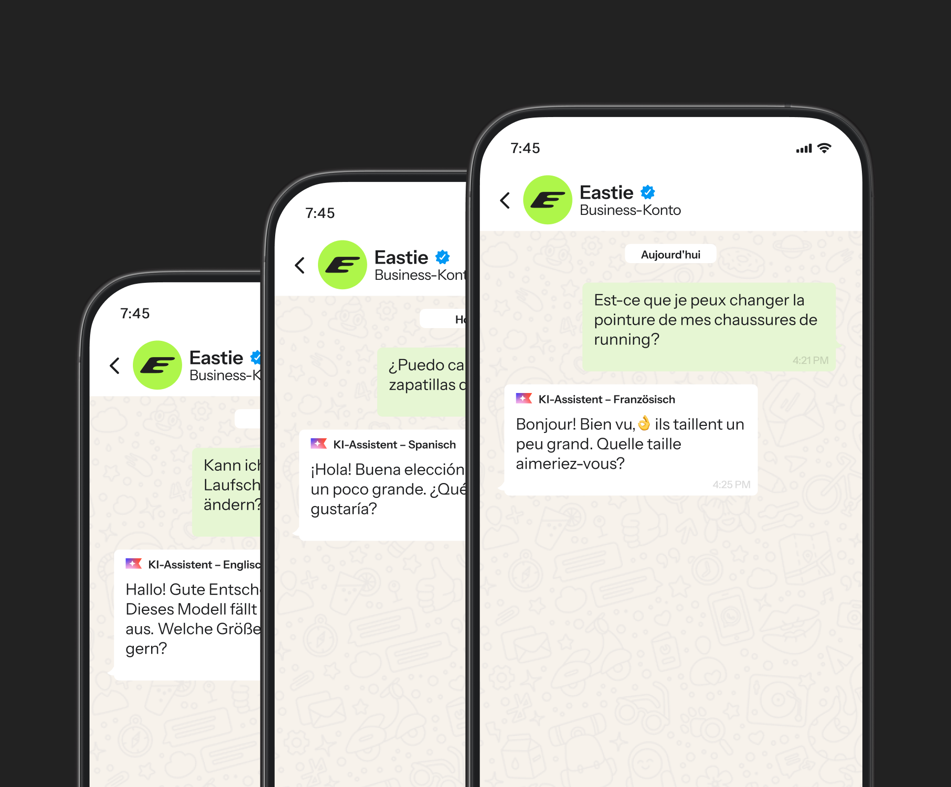 Three smartphones displaying a multilingual AI assistant chat interface for an Eastie Business Account.