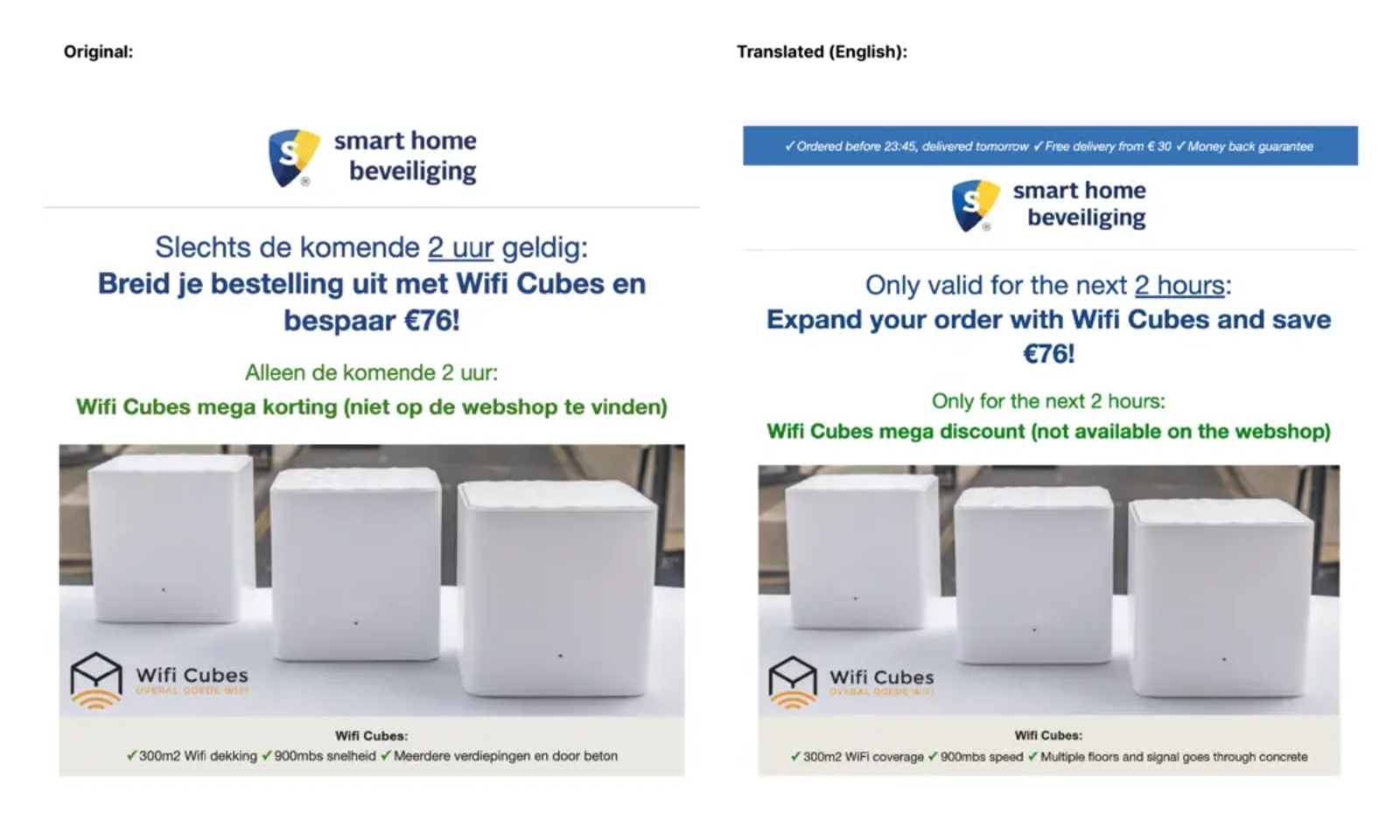 A side by side comparison of two emails from Smart Home Beveiliging.