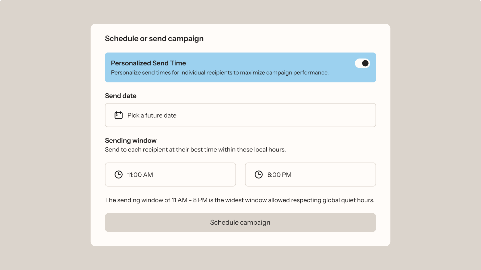 Campaign scheduling interface showing "Personalized Send Time" feature with options to pick a future date and set sending window from 11 AM to 8 PM.