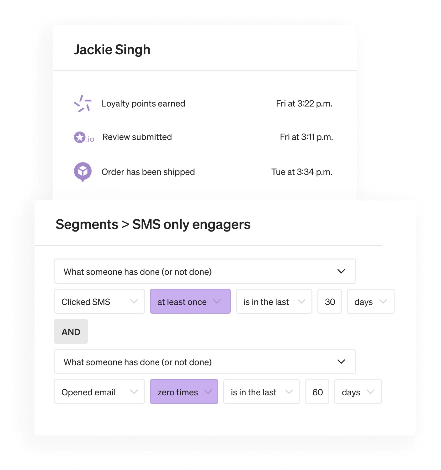 Klaviyo product screen showing that a segment can be created based on SMS only engagers