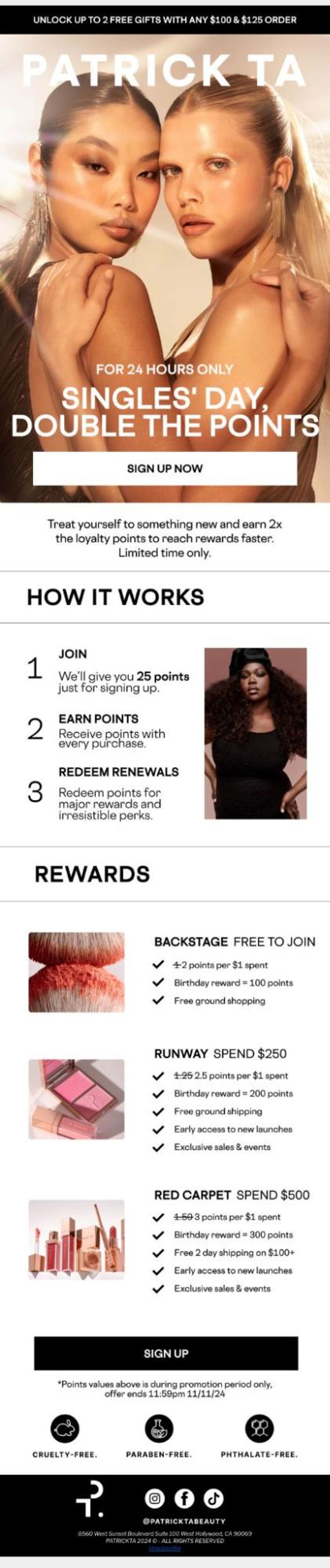 A Patrick Ta marketing email promoting a 'Singles' Day, Double the Points' event, featuring two models with glowing makeup, and outlining a loyalty rewards program.