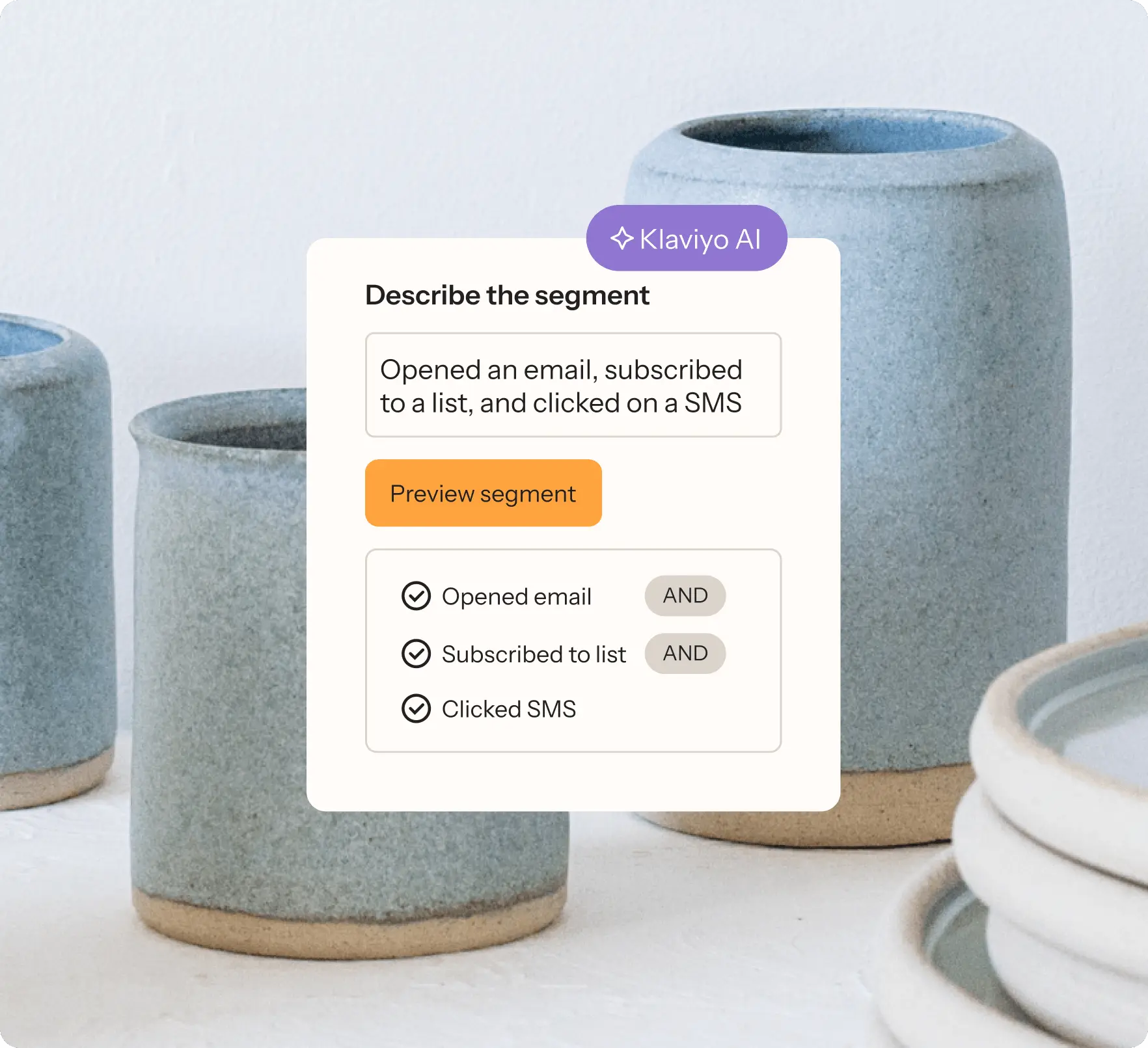 Creating a segment with Segments AI by typing out desired customer behavior, with kitchen cookware in the background