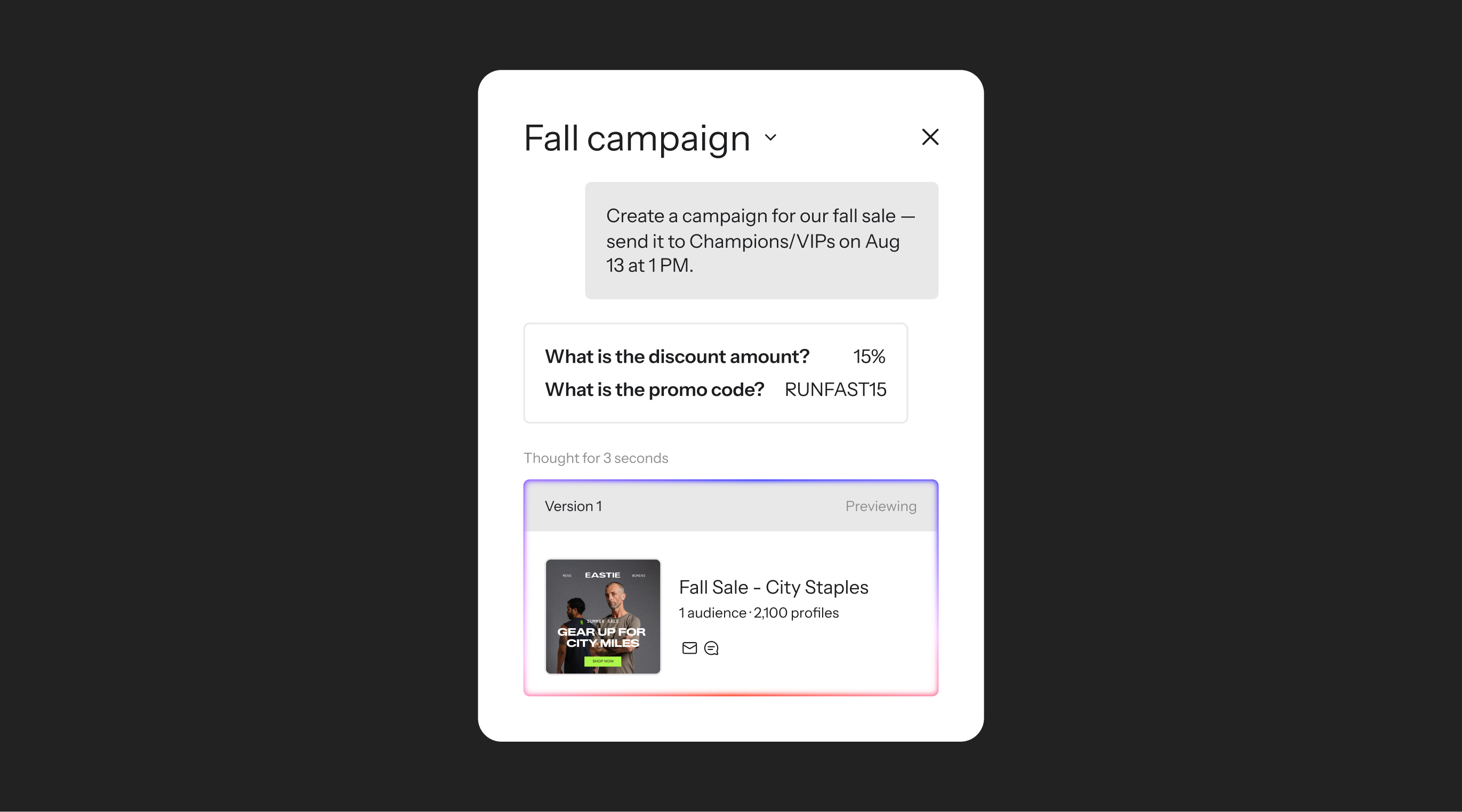 A campaign creation interface displaying details for a "Fall campaign," including discount, promo code, and an ad preview.