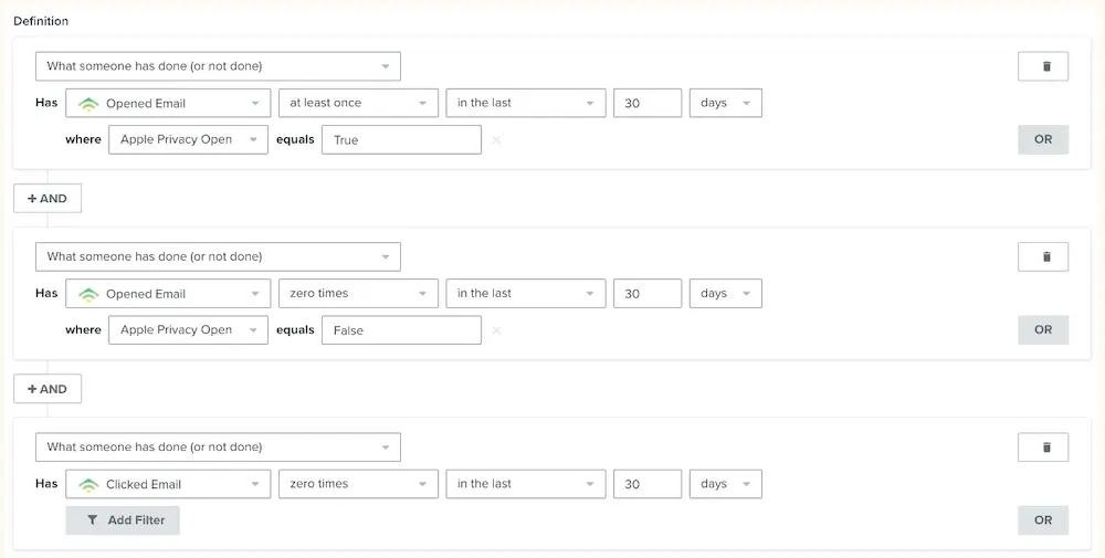 Image shows a screenshot of segmenting out unengaged users in Klaviyo. 