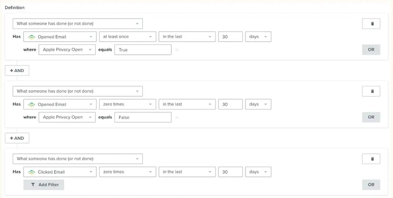 Image shows a screenshot of segmenting out unengaged users in Klaviyo. 