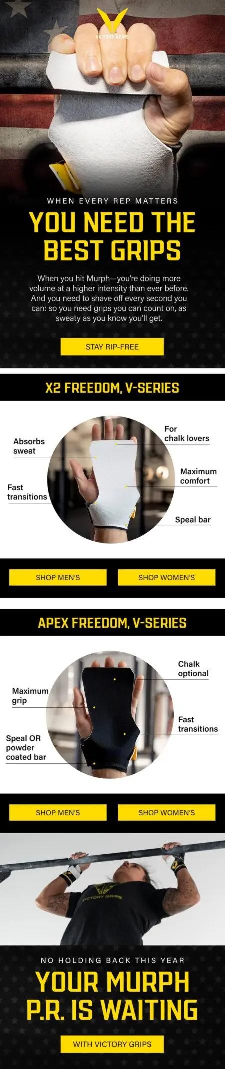 Image shows a marketing email from Victory Grips. The email's color theme is black and yellow, with a large headline reading “You need the best grips.” The email features close up shots of different products, and an image of someone doing a pull-up. The bottom block says “Your Murph P.R. is waiting’, referencing an annual scholarship fundraiser.