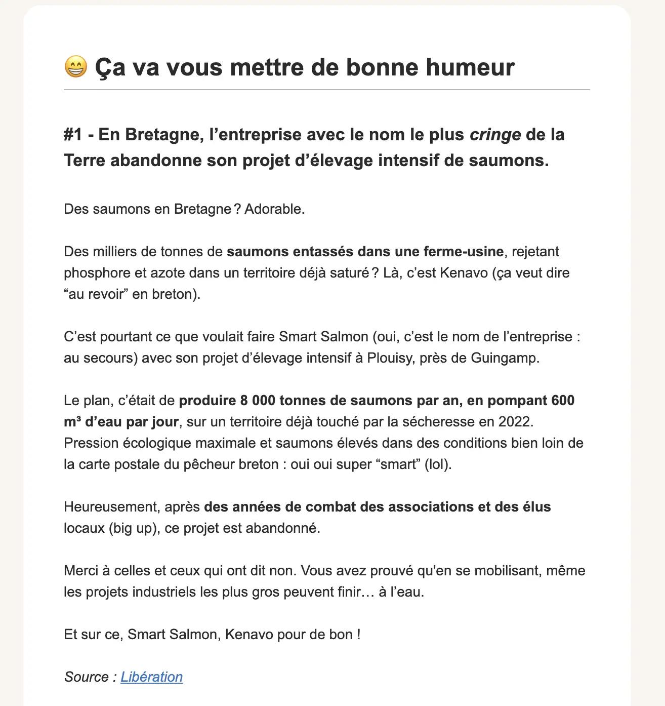 Section d’une newsletter avec une bonne nouvelle environnementale sur l’abandon d’un projet de ferme de saumons en Bretagne.