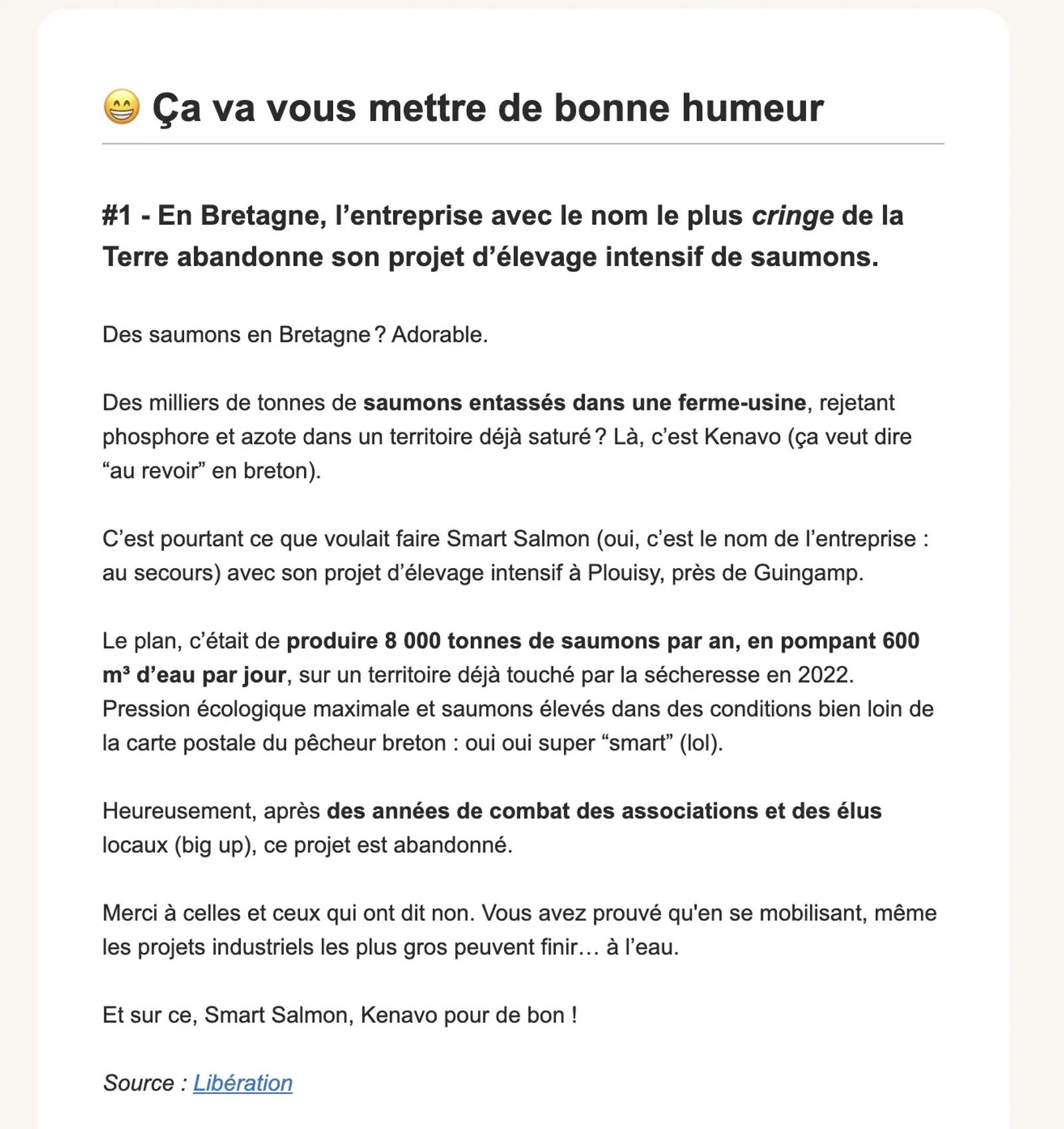 Section d’une newsletter avec une bonne nouvelle environnementale sur l’abandon d’un projet de ferme de saumons en Bretagne.