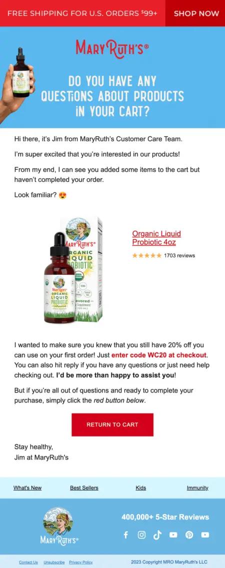 Image shows an abandoned cart email from Mary Ruth’s Organics.
