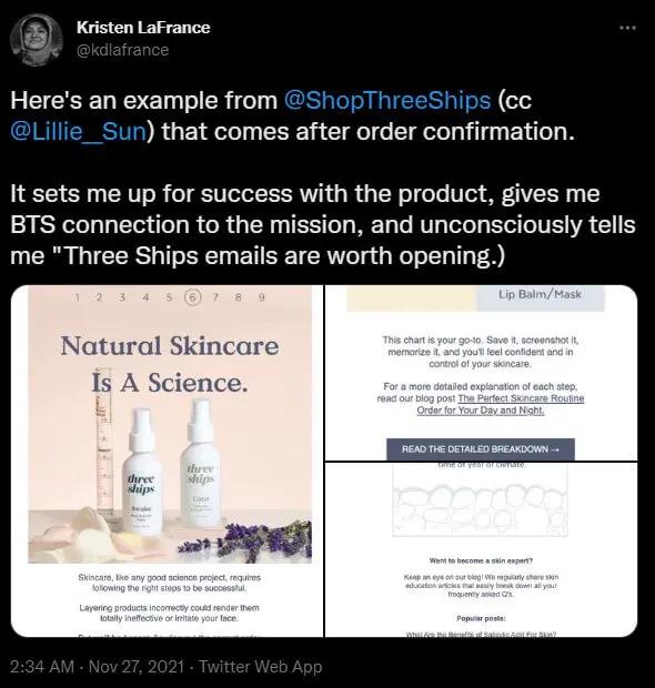 Image shows a tweet with an order confirmation email example from Three Ships.
