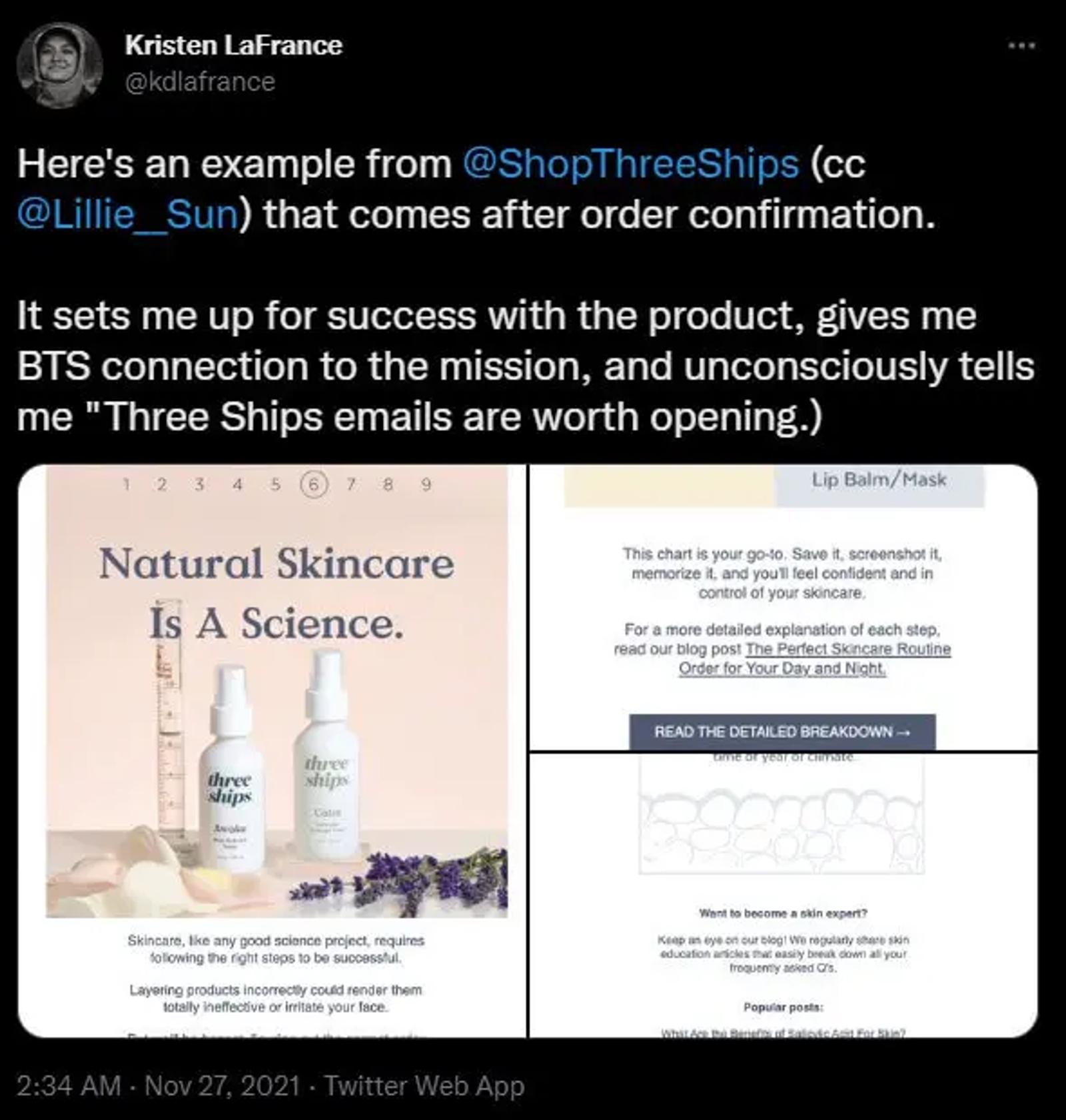 Image shows a tweet with an order confirmation email example from Three Ships.