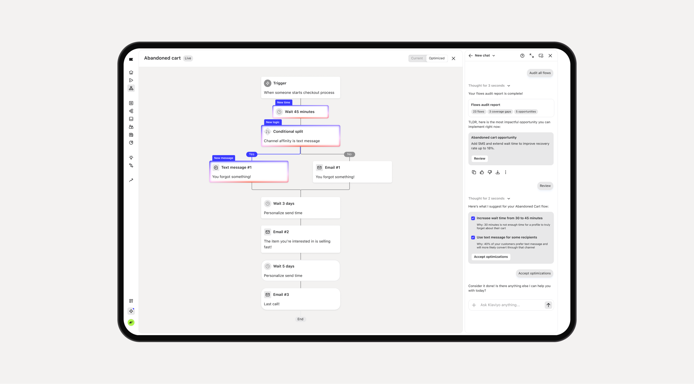 A digital tablet displaying an "Abandoned cart" automation workflow with a sequence of trigger, wait, conditional split, text message, and email steps, and a right-side panel with data and suggestions.