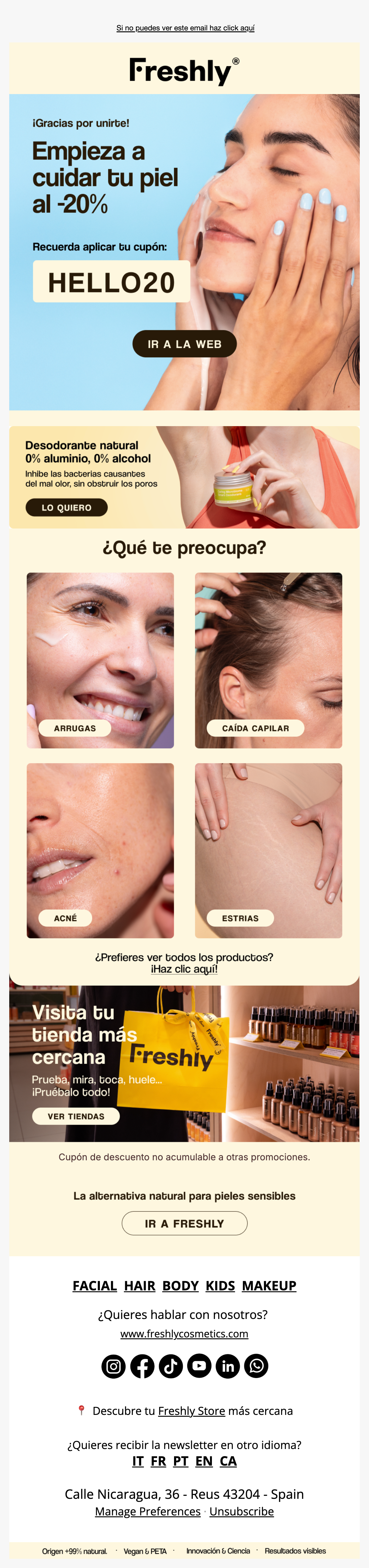 Freshly Cosmetics email promoting natural skincare, hair, and body products with a 20% discount.