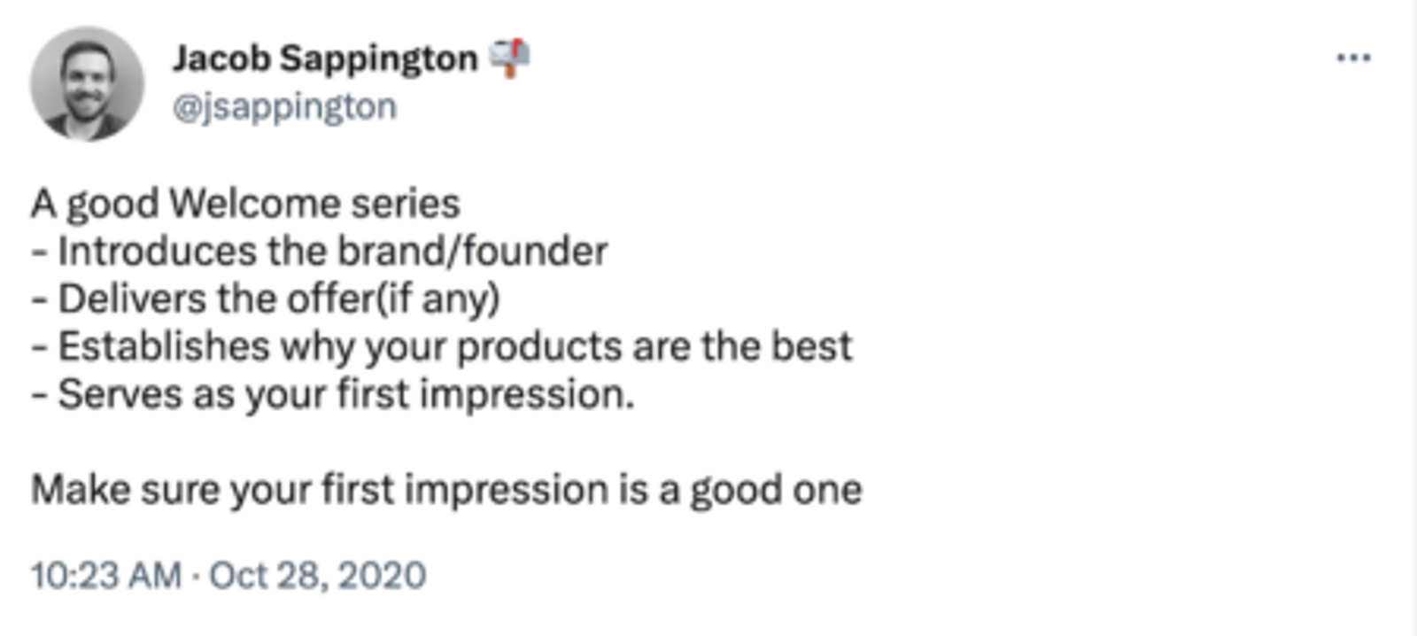 A good Welcome series
- Introduces the brand/founder
- Delivers the offer(if any)
- Establishes why your products are the best
- Serves as your first impression.
Make sure your first impression is a good one