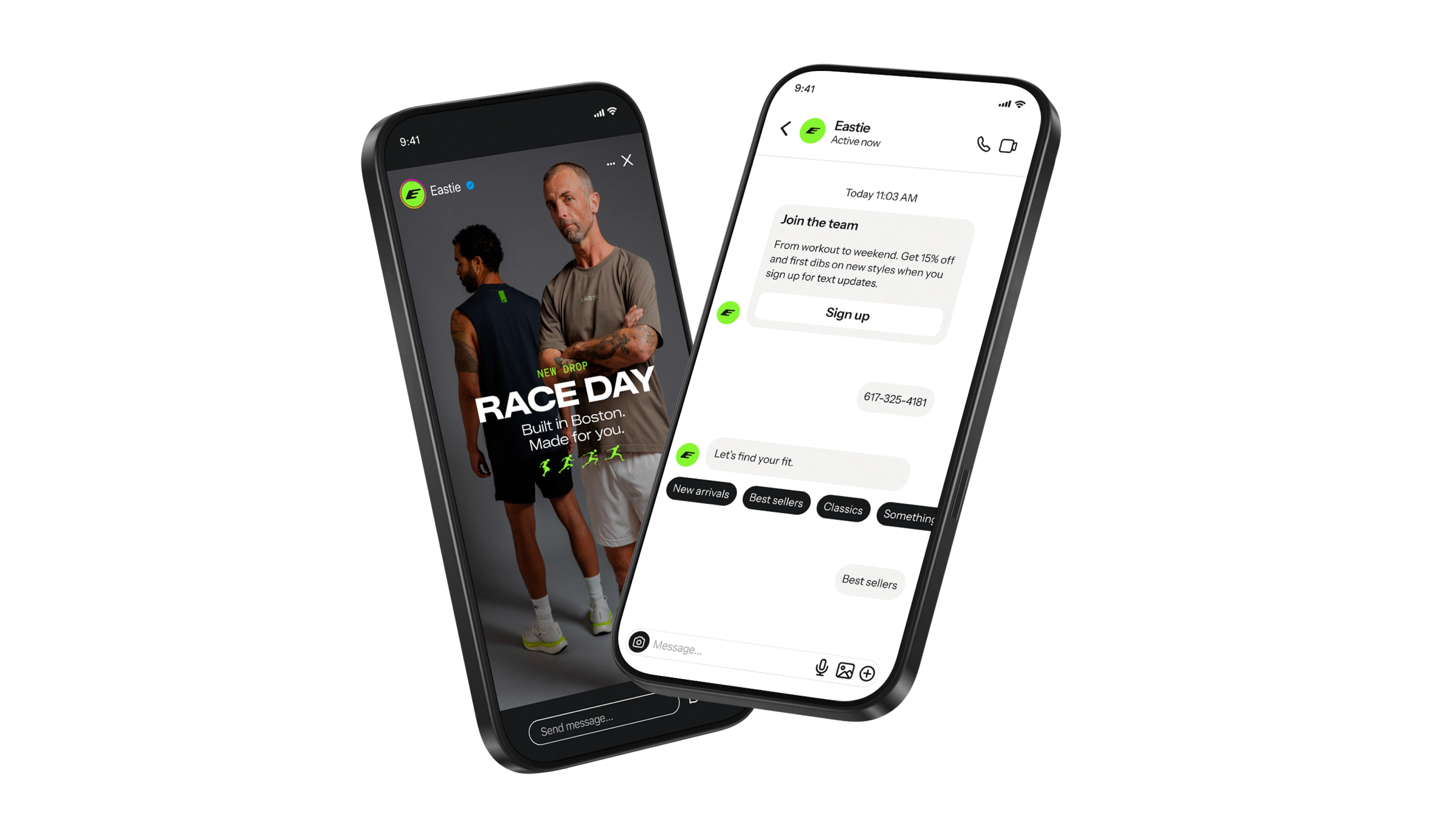 Two smartphones display an Eastie racewear ad and a customer chat with sign-up and shopping options.