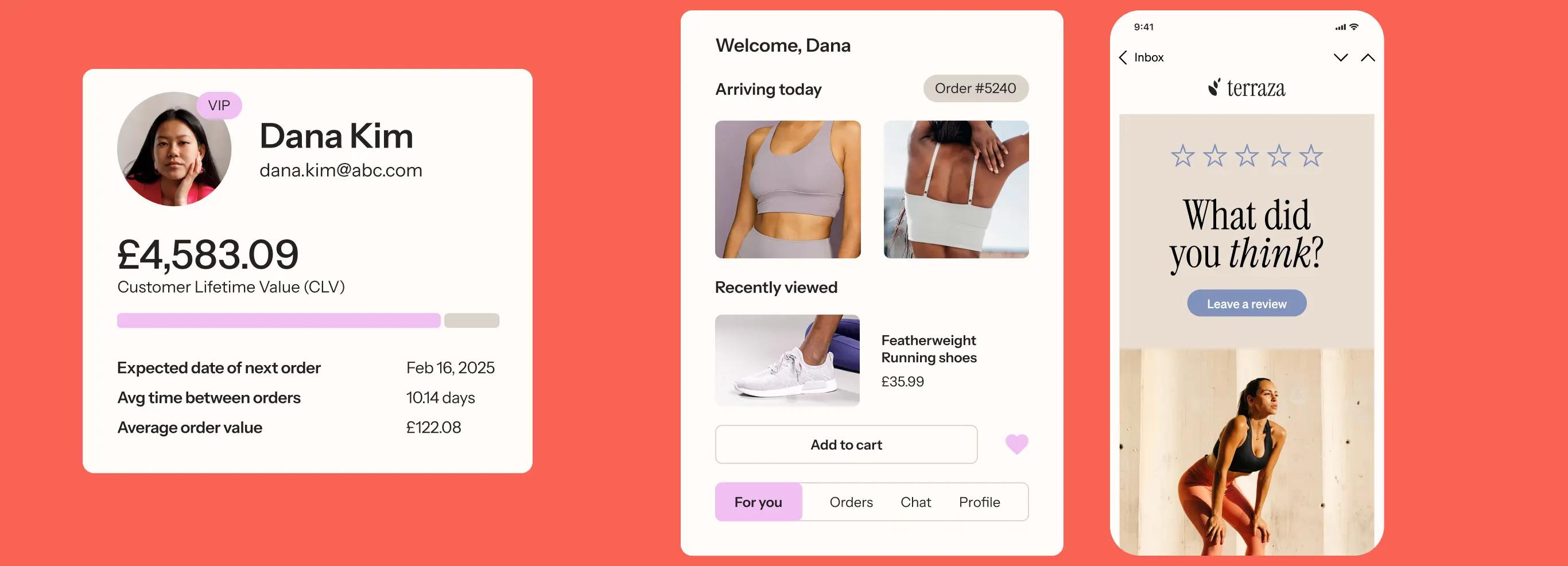 CRM dashboard showing customer profile with lifetime value, recent orders, and a review prompt.