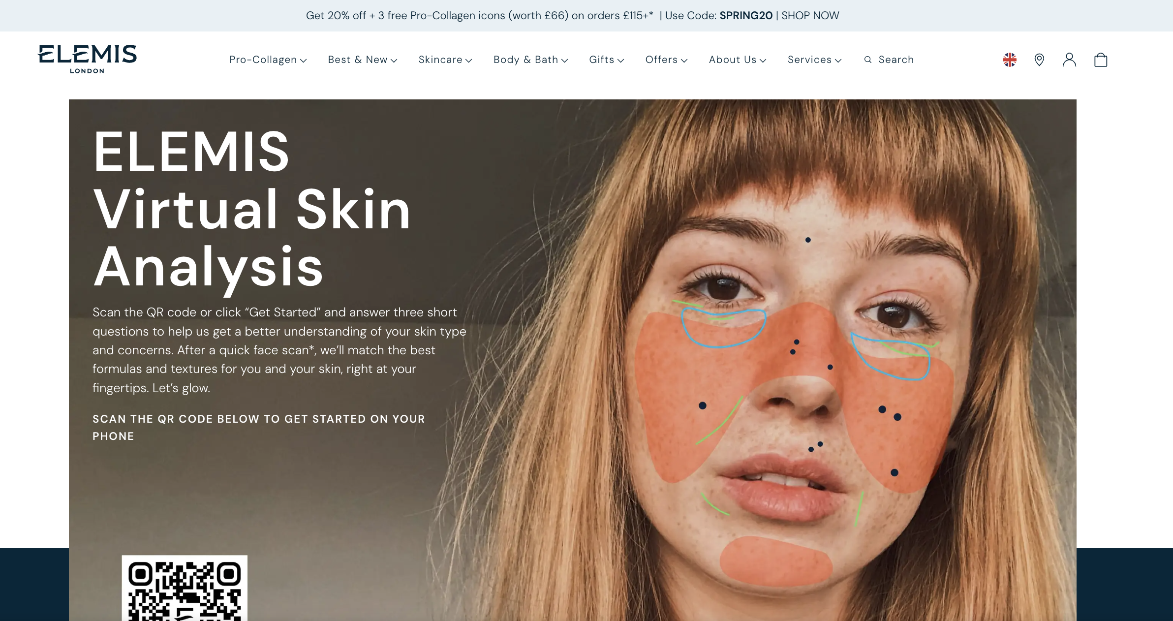 Elemis Virtual Skin Analysis tool on the Elemis London website, showing a woman's face with AI-powered skin mapping overlays highlighting different facial zones and skin concerns.