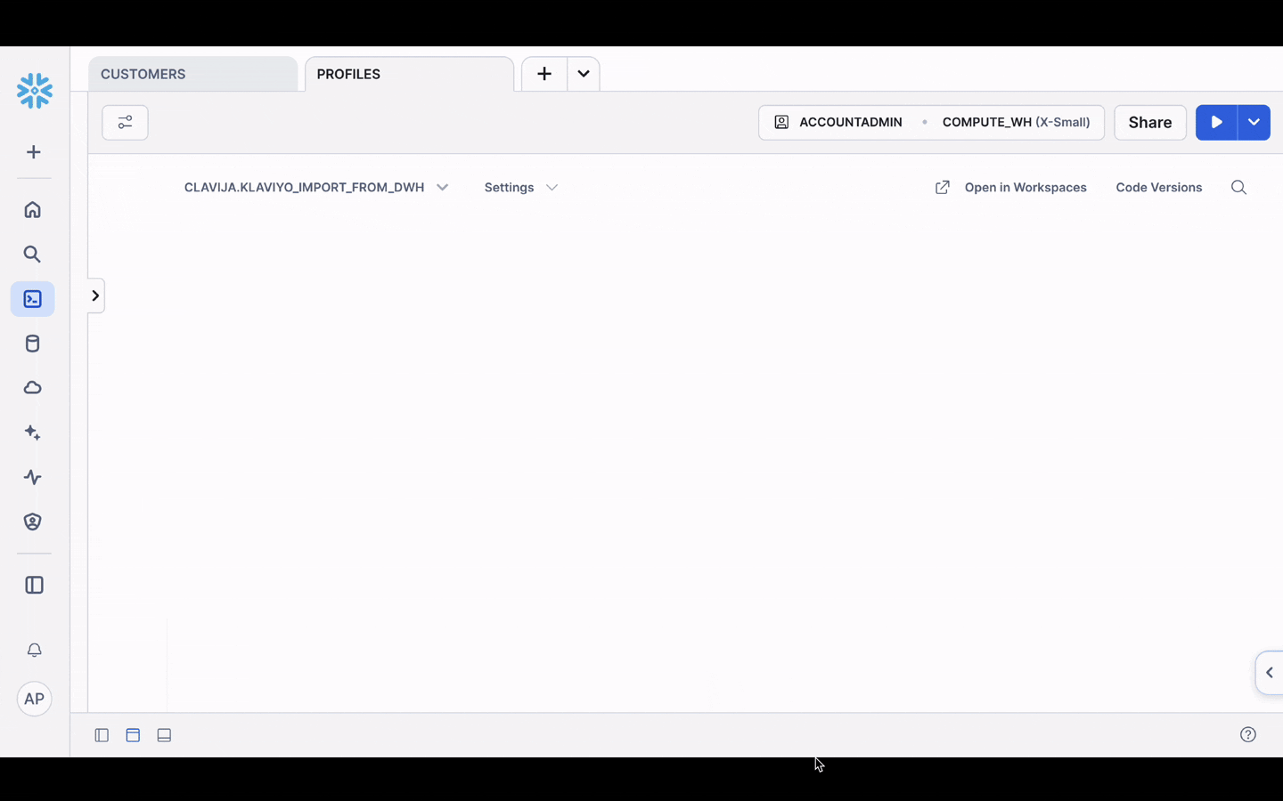 Snowflake interface showing a data import from "CLAVIJA.KLAVIYO_IMPORT_FROM_DWH" with account and compute settings.