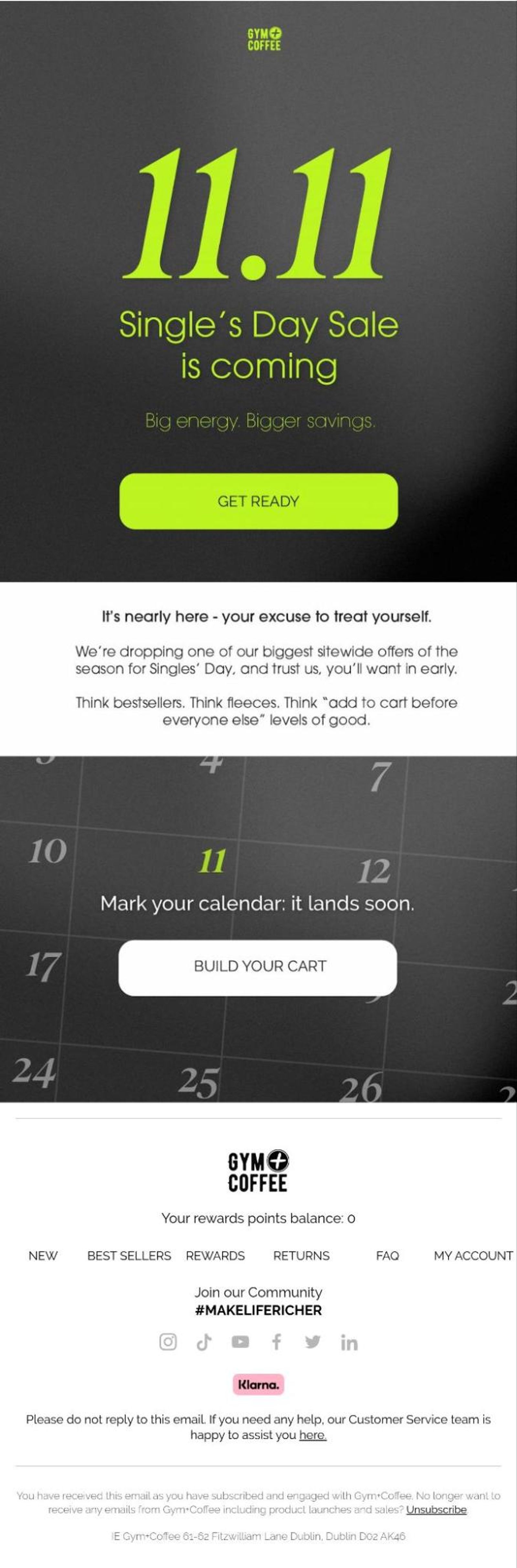 Gym+Coffee promotional email announcing their 11.11 Single's Day Sale.
