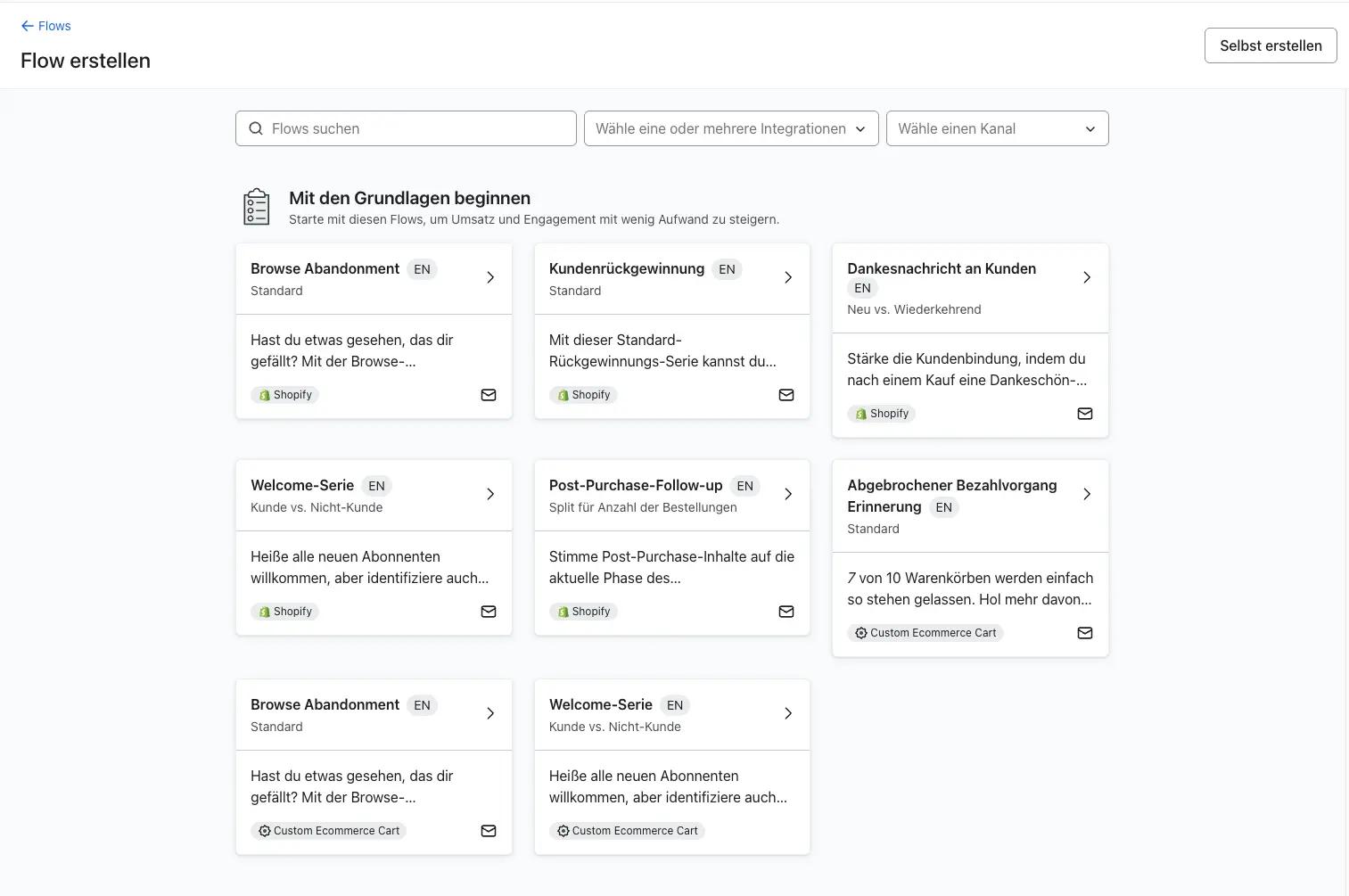 Benutzeroberfläche zur Erstellung von E-Mail-Flows mit vorkonfigurierten Optionen wie Browse-Abandonment und Willkommensserie.