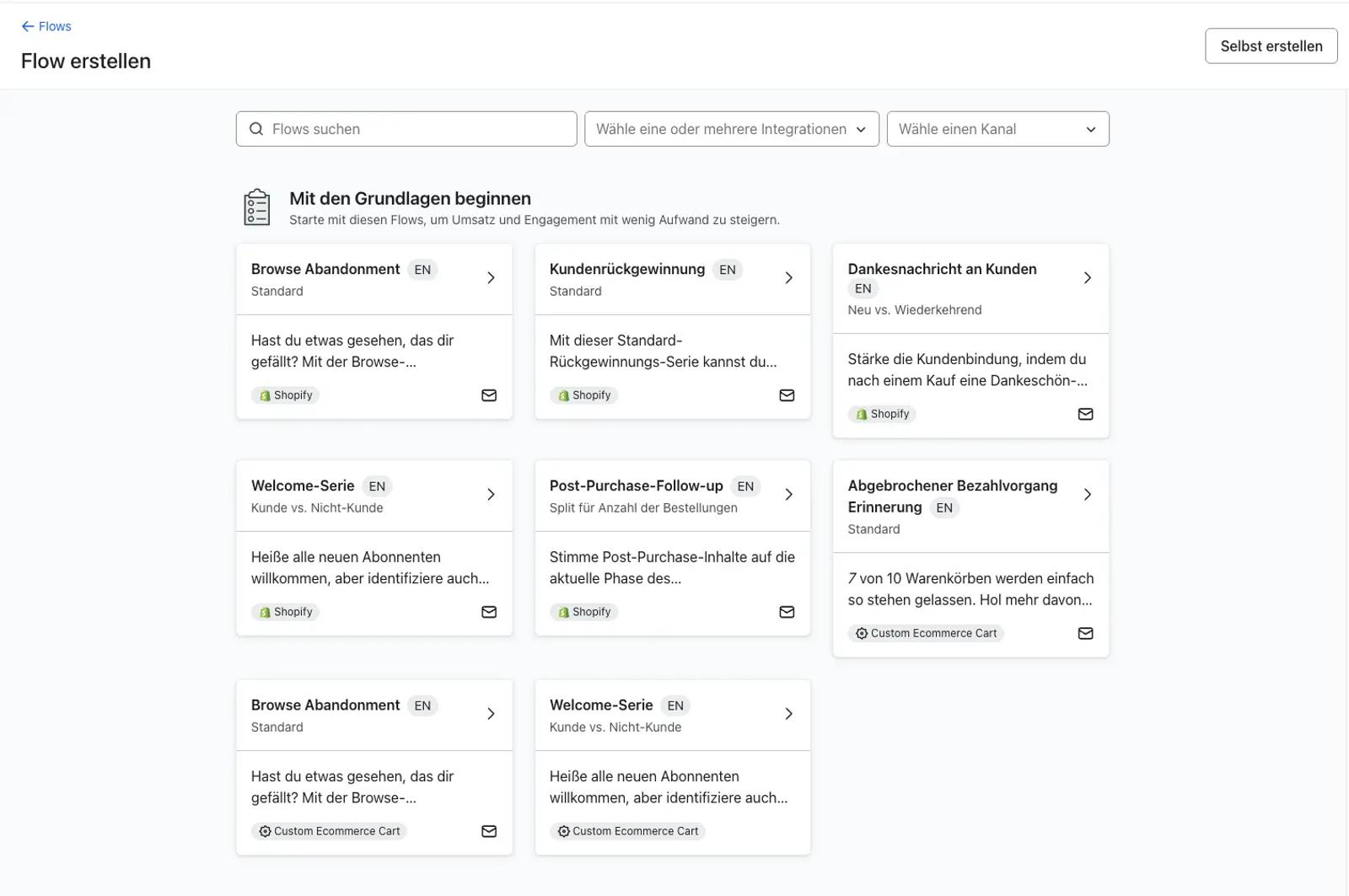 Benutzeroberfläche zur Erstellung von E-Mail-Flows mit vorkonfigurierten Optionen wie Browse-Abandonment und Willkommensserie.