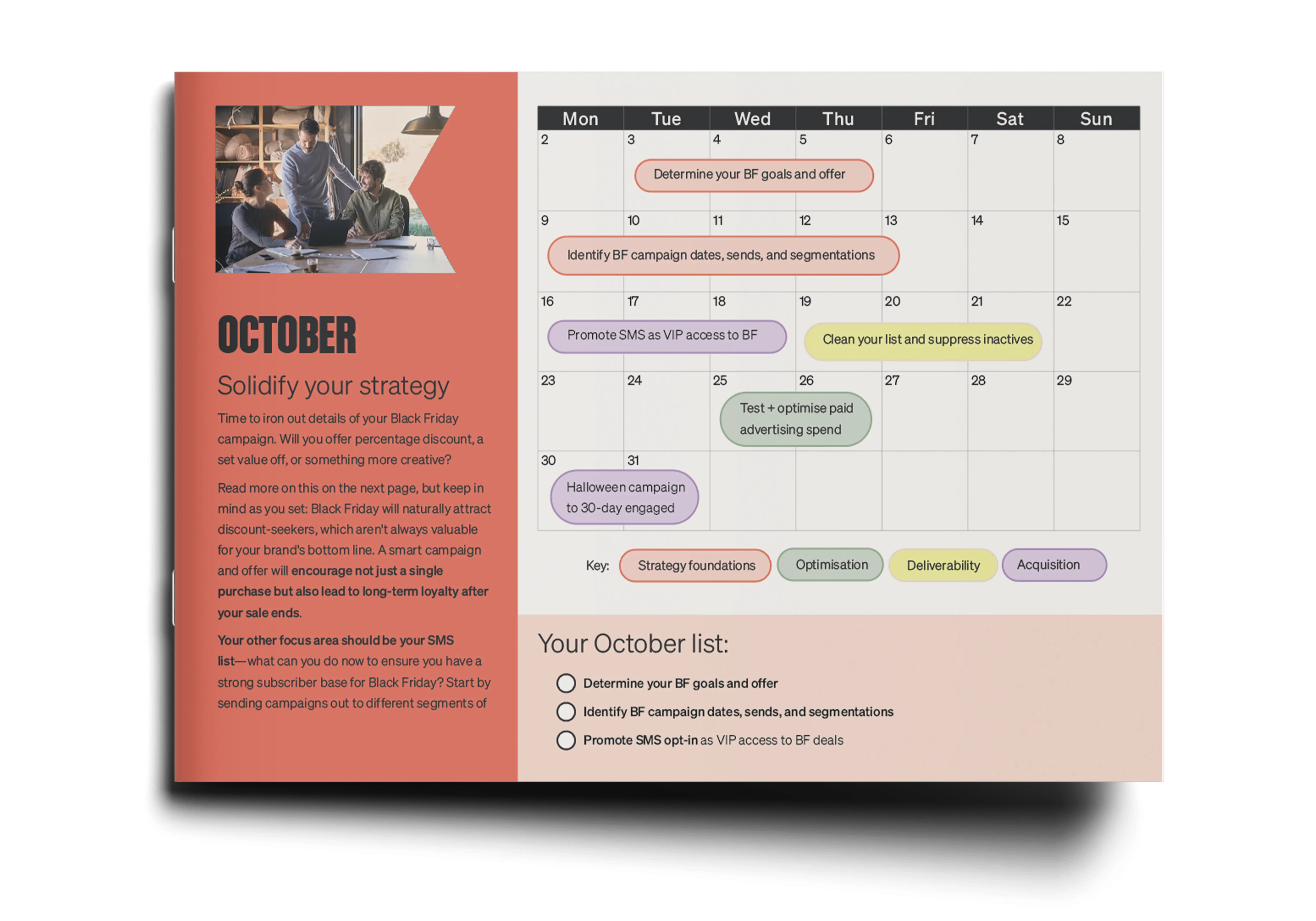 Open-style mockup of a Black Friday planner calendar with key dates ecommerce marketing managers need to execute a successful Black Friday in Europe.