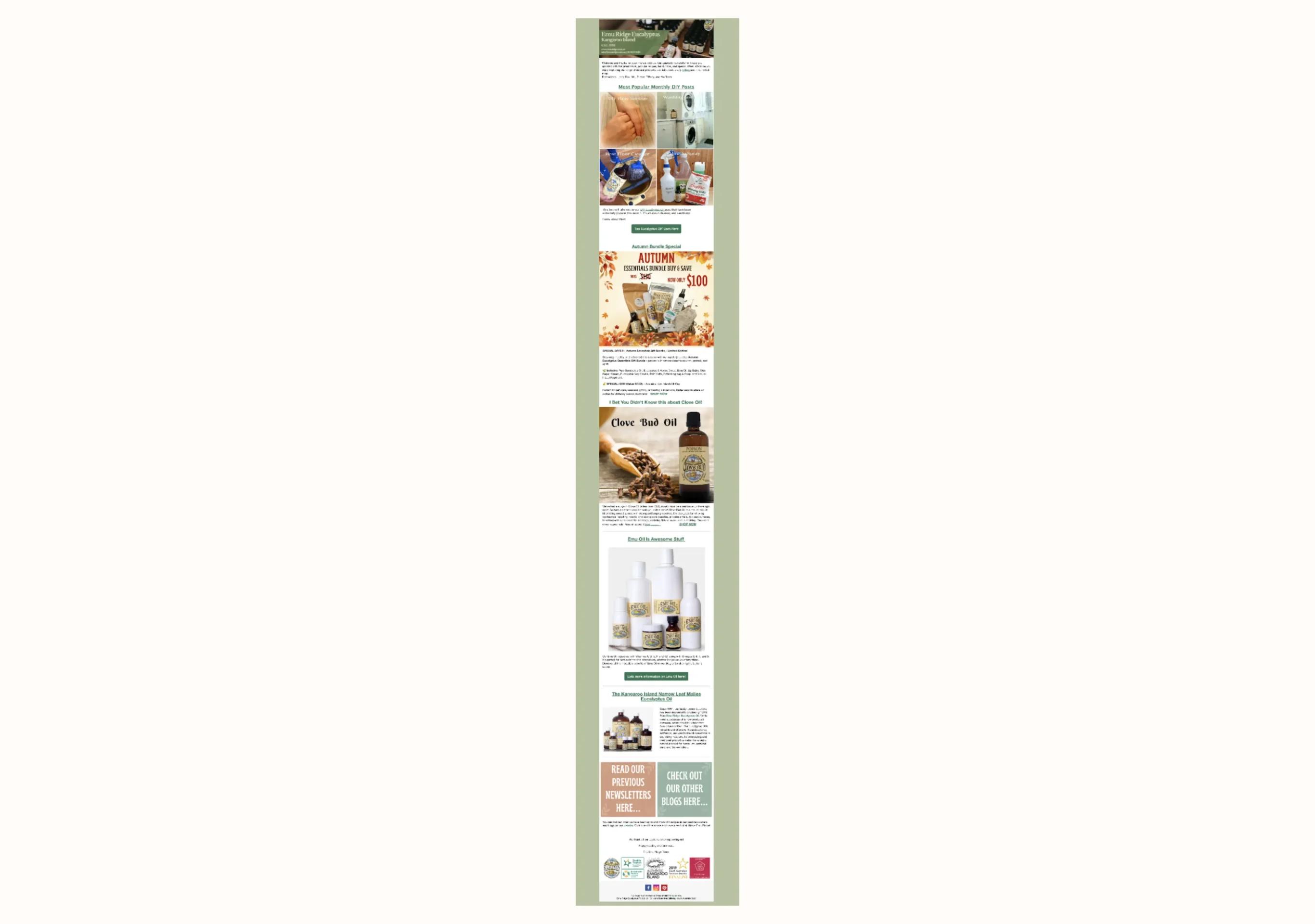 Newsletter featuring Emu Ridge products, including clove bud oil and eucalyptus items, with promotional offers and product images.